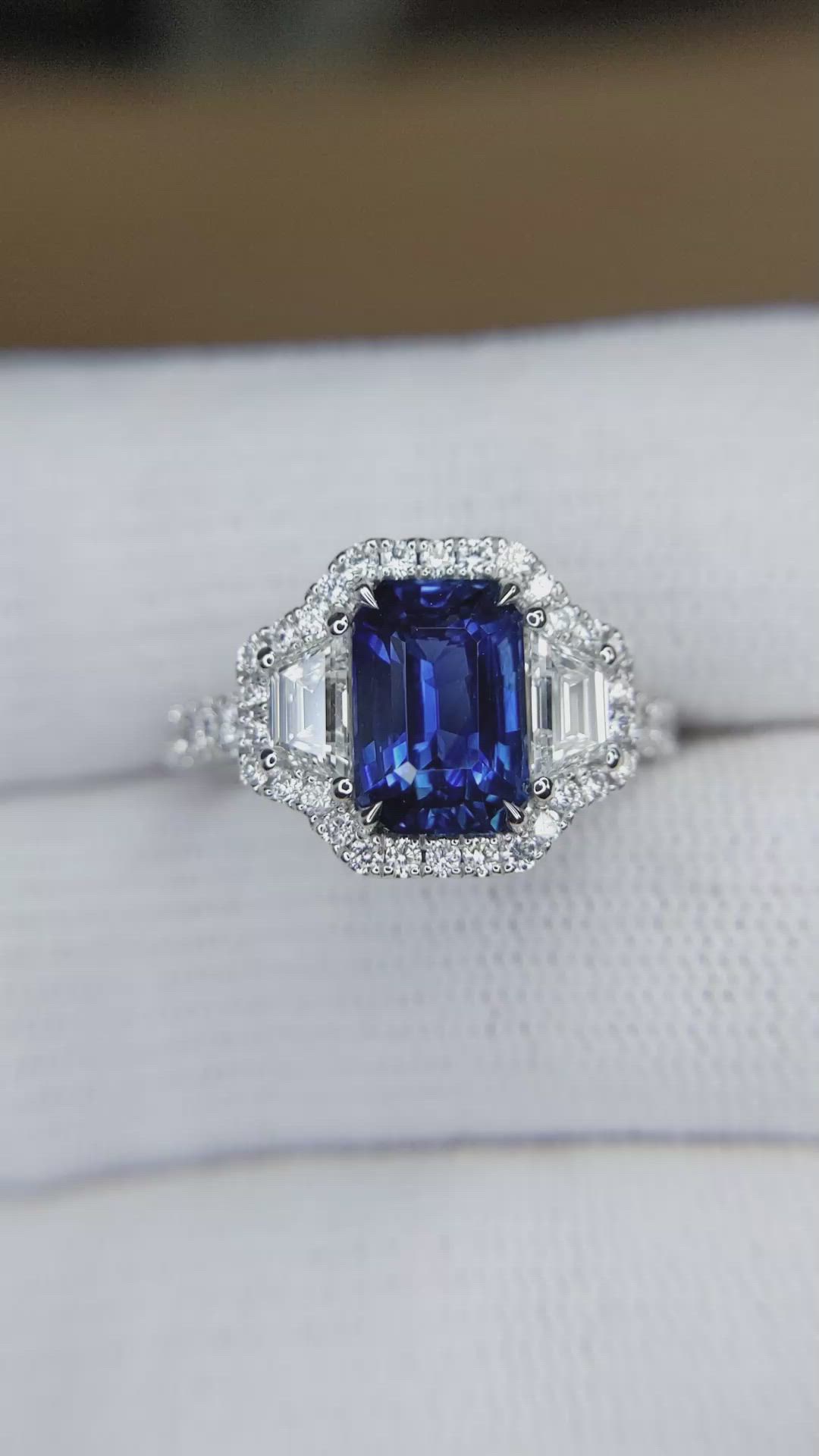 2.60 Ct. Blue Sapphire and Natural Diamond Pave Ring, 18K White Gold Size Video
