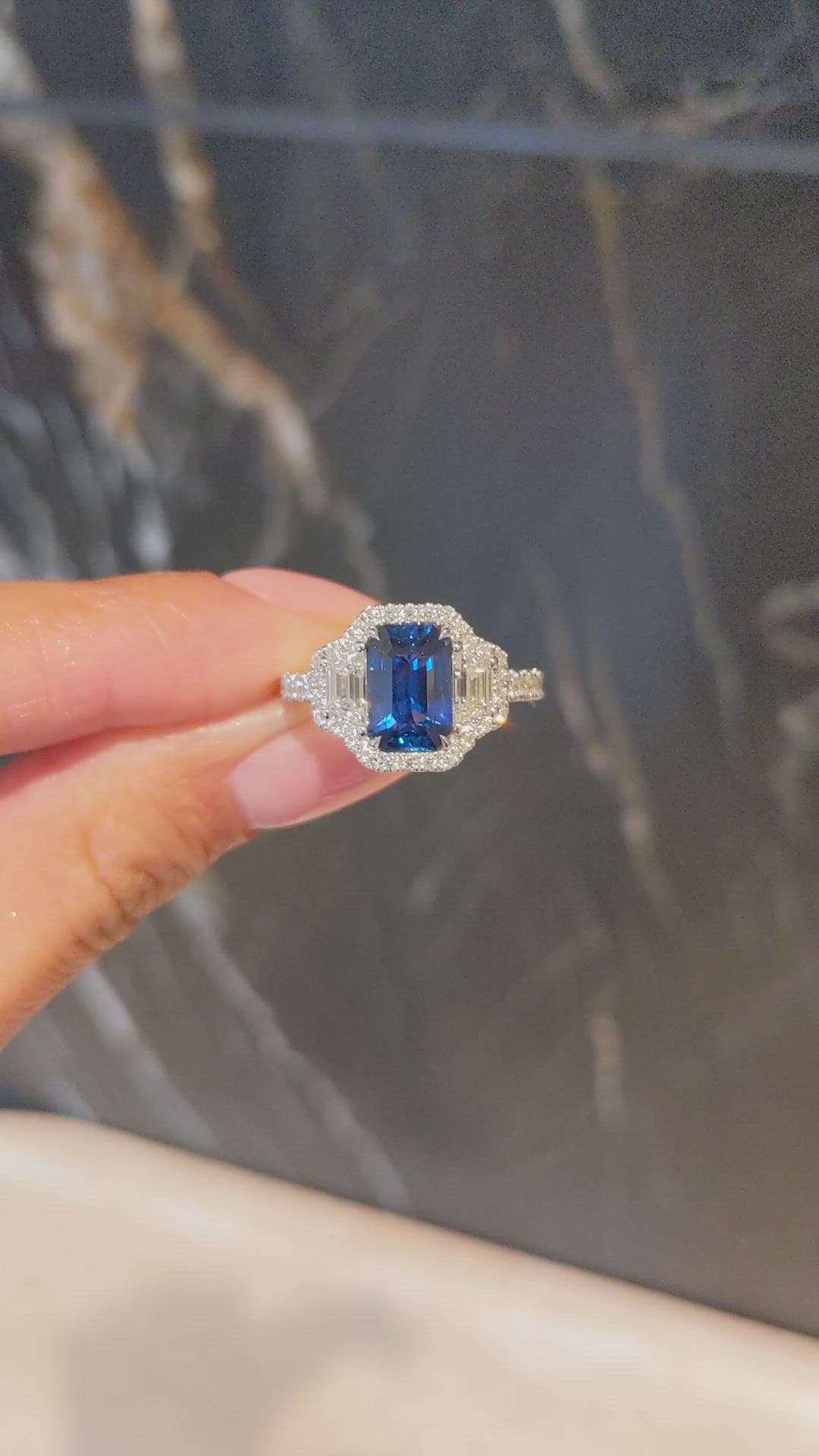 2.60 Ct. Blue Sapphire and Natural Diamond Pave Ring, 18K White Gold Size Video