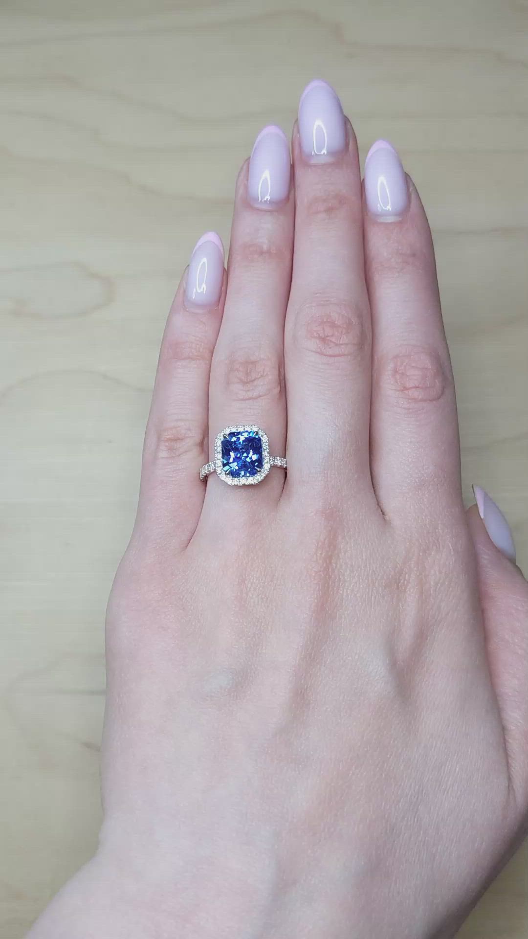 4.10 Ct. Blue Sapphire and Natural Diamond Pave Ring, 18K White Gold Size Video