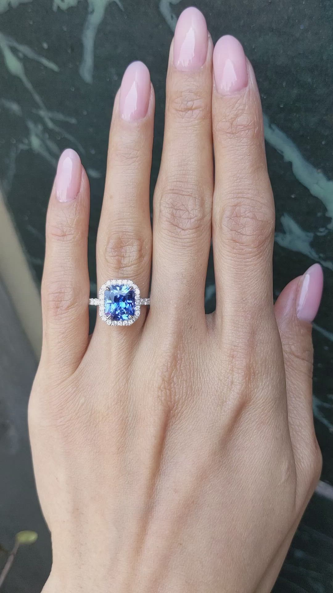 4.10 Ct. Blue Sapphire and Natural Diamond Pave Ring, 18K White Gold Size Video