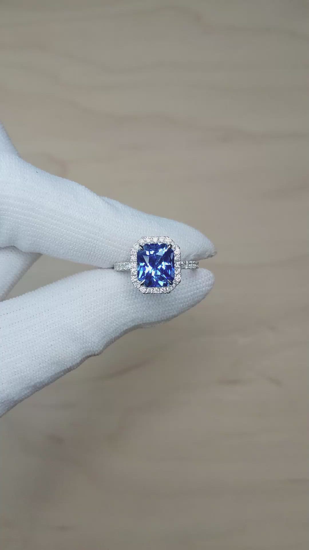 4.10 Ct. Blue Sapphire and Natural Diamond Pave Ring, 18K White Gold Size Video