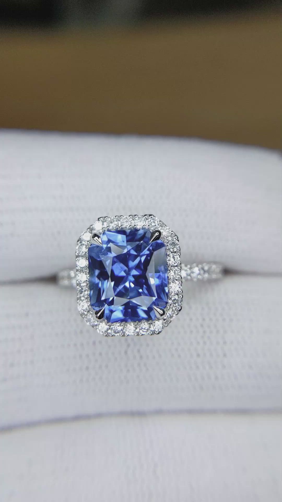 4.10 Ct. Blue Sapphire and Natural Diamond Pave Ring, 18K White Gold Size Video
