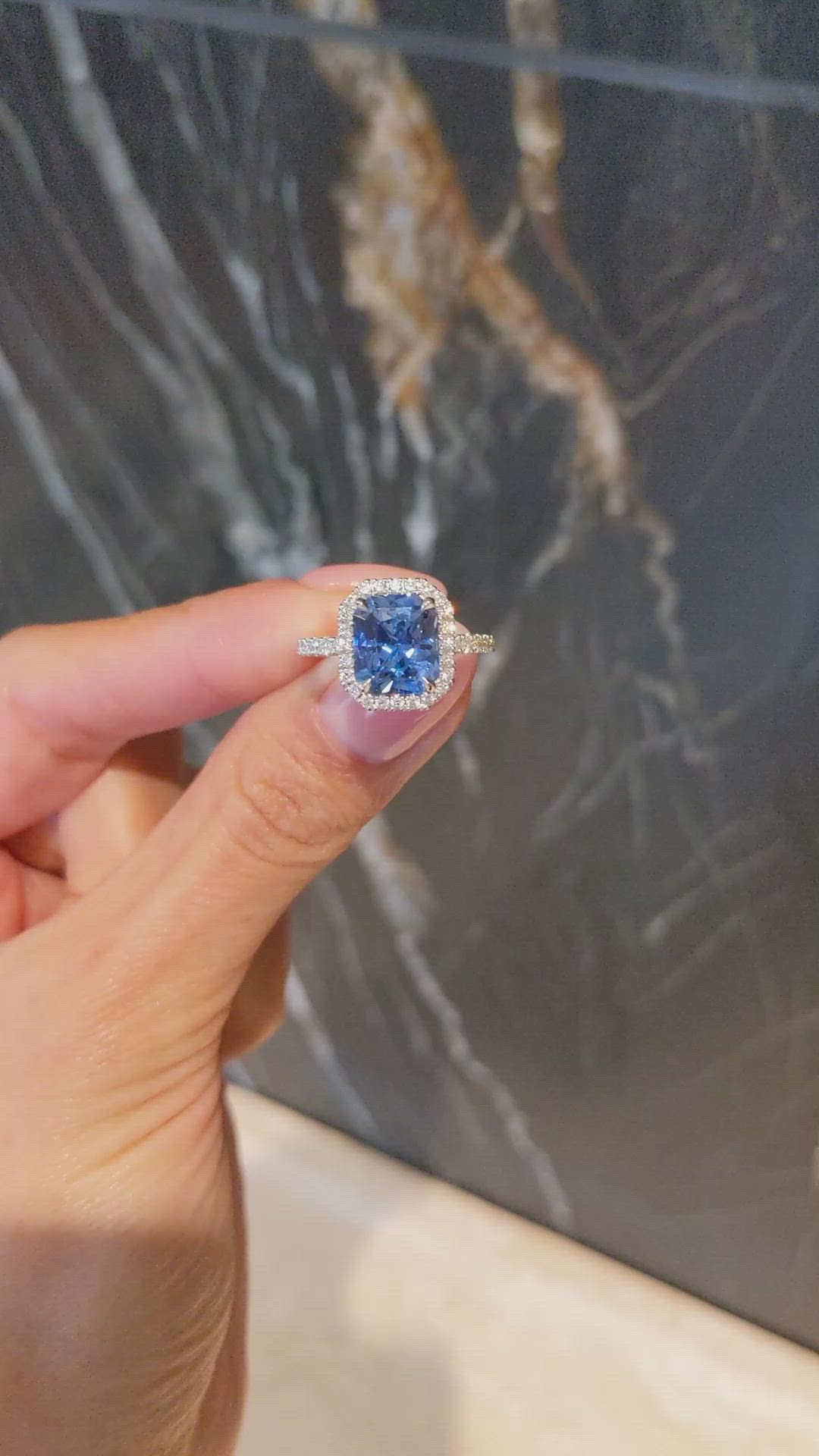 4.10 Ct. Blue Sapphire and Natural Diamond Pave Ring, 18K White Gold Size Video