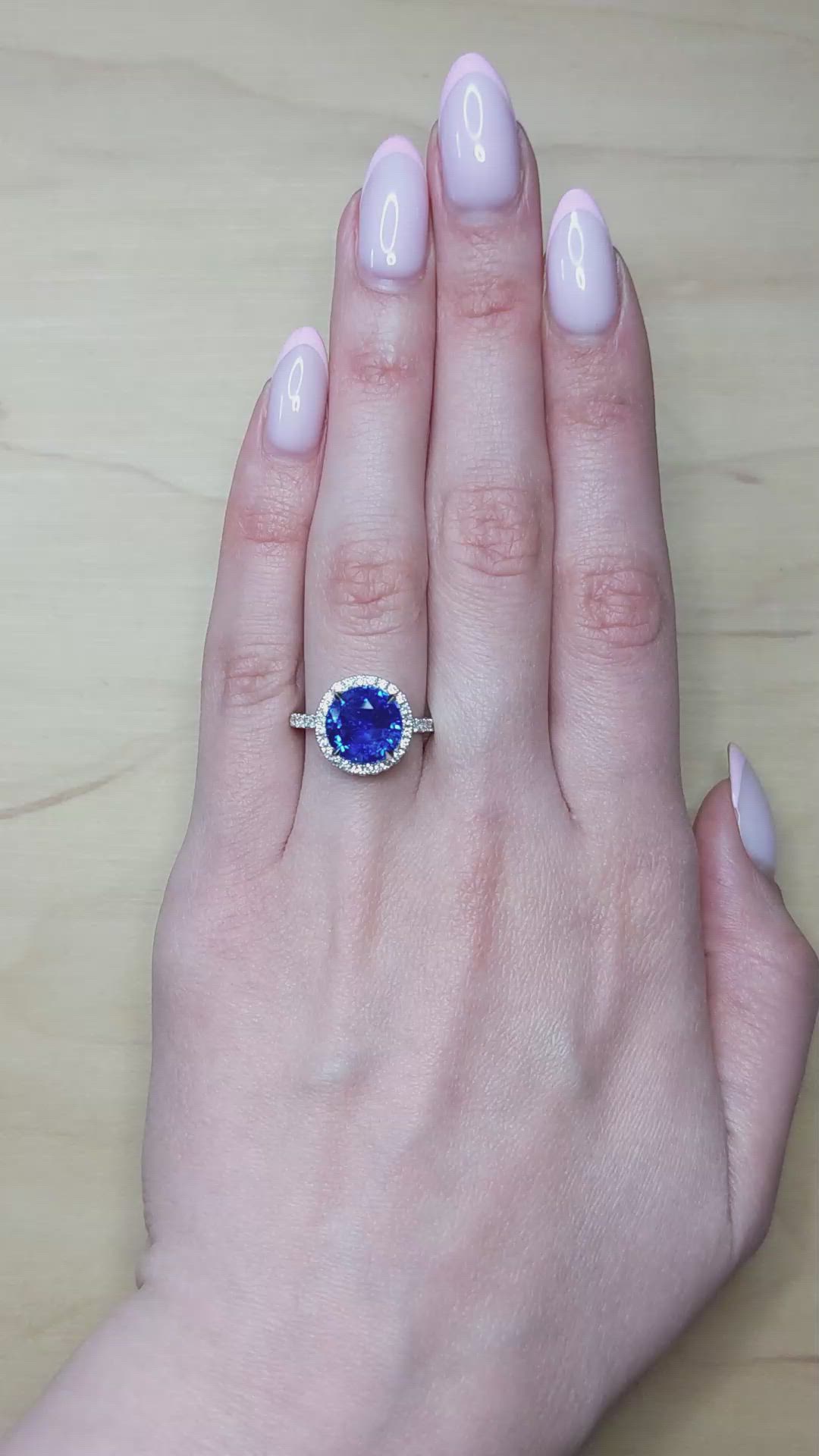 5.94 Ct. Blue Sapphire and Natural Diamond Pave Ring, 18K White Gold Size Video