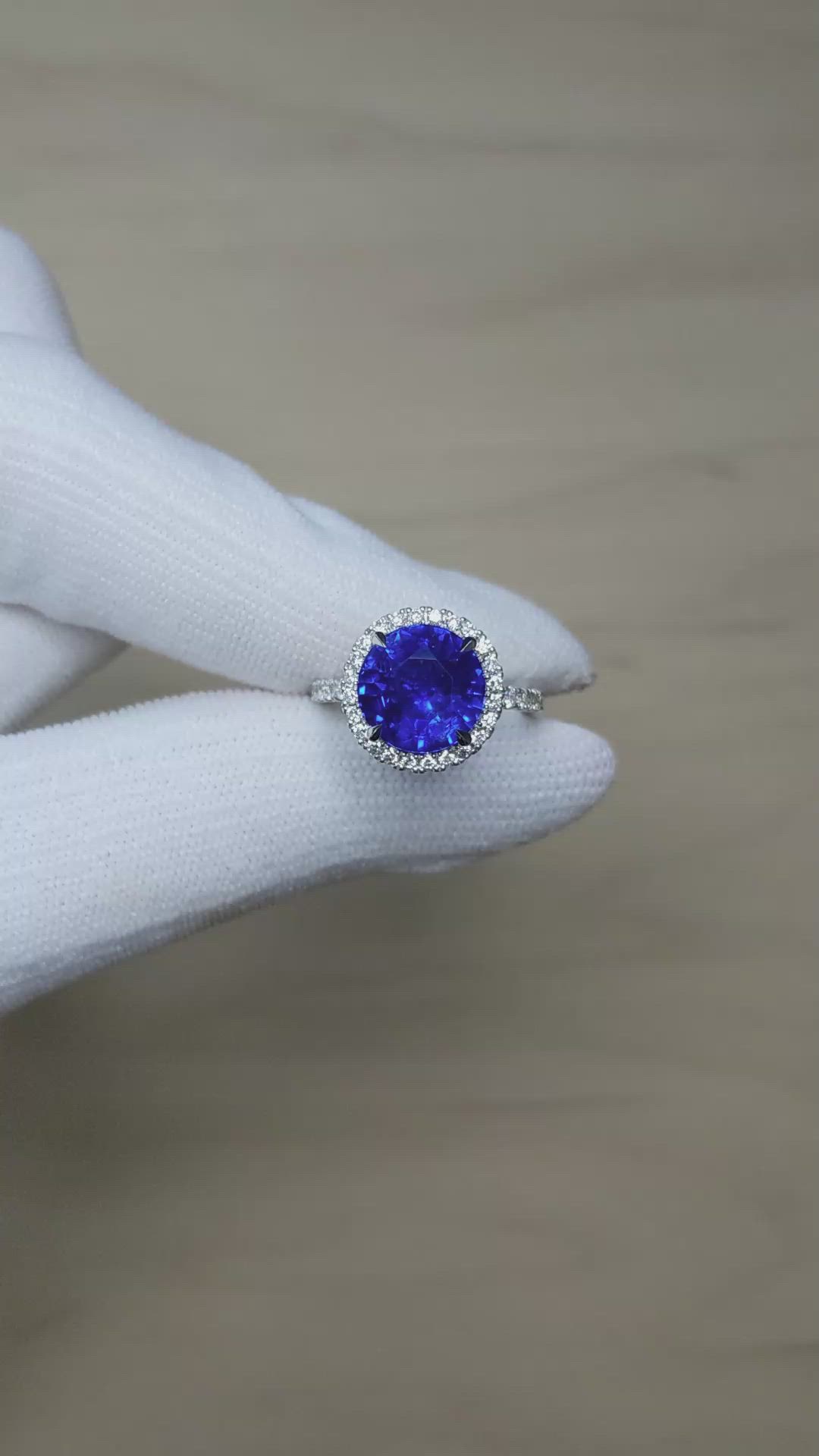 5.94 Ct. Blue Sapphire and Natural Diamond Pave Ring, 18K White Gold Size Video