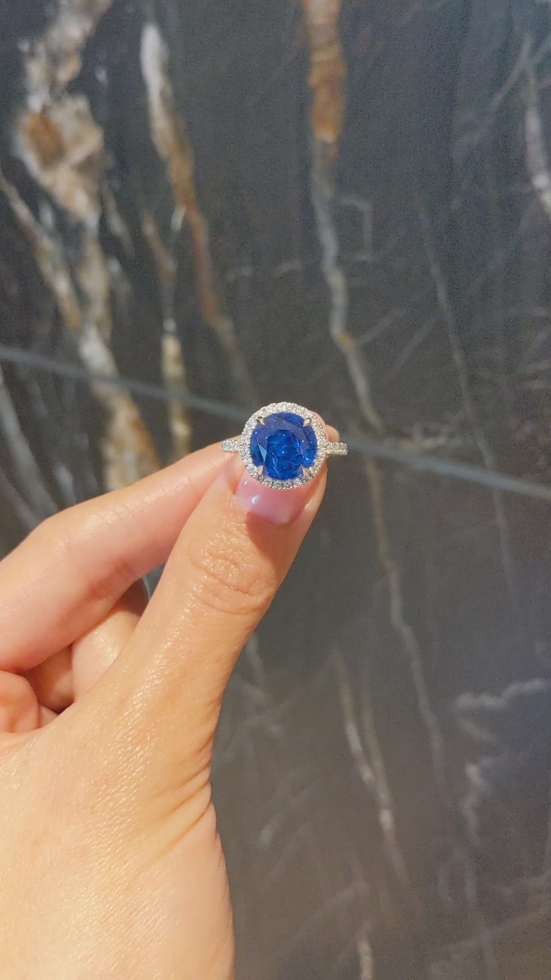 5.94 Ct. Blue Sapphire and Natural Diamond Pave Ring, 18K White Gold Size Video