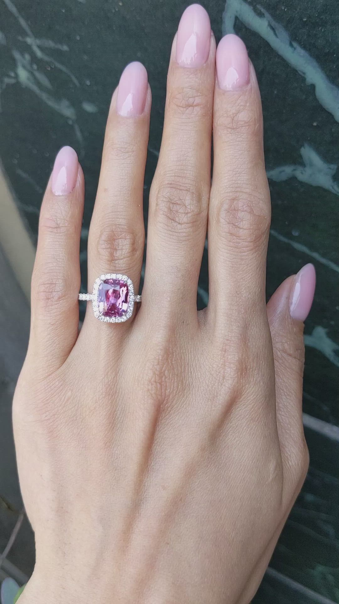 4.04 Ct. Pink Sapphire and Natural Diamond Pave Ring, 18K White Gold Size Video