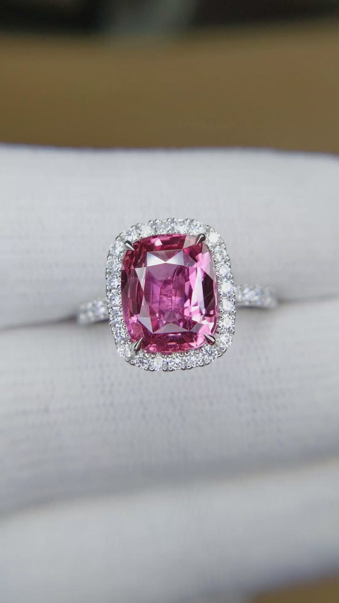 4.04 Ct. Pink Sapphire and Natural Diamond Pave Ring, 18K White Gold Size Video