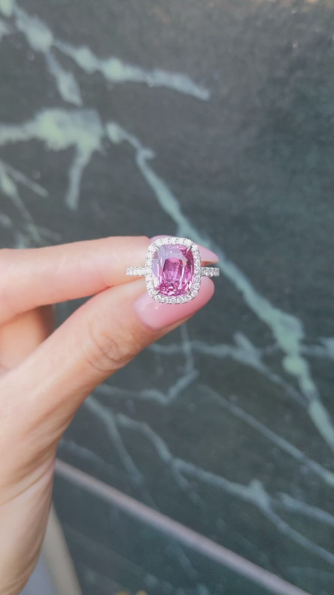 4.04 Ct. Pink Sapphire and Natural Diamond Pave Ring, 18K White Gold Size Video