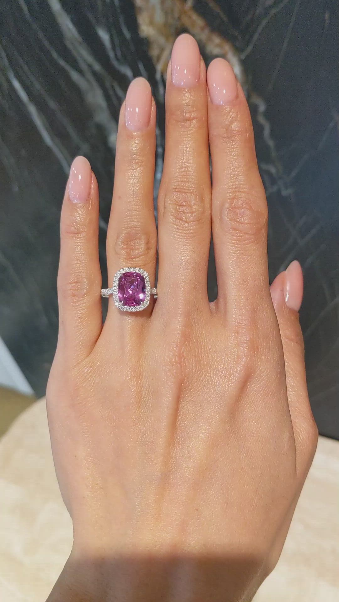 4.04 Ct. Pink Sapphire and Natural Diamond Pave Ring, 18K White Gold Size Video