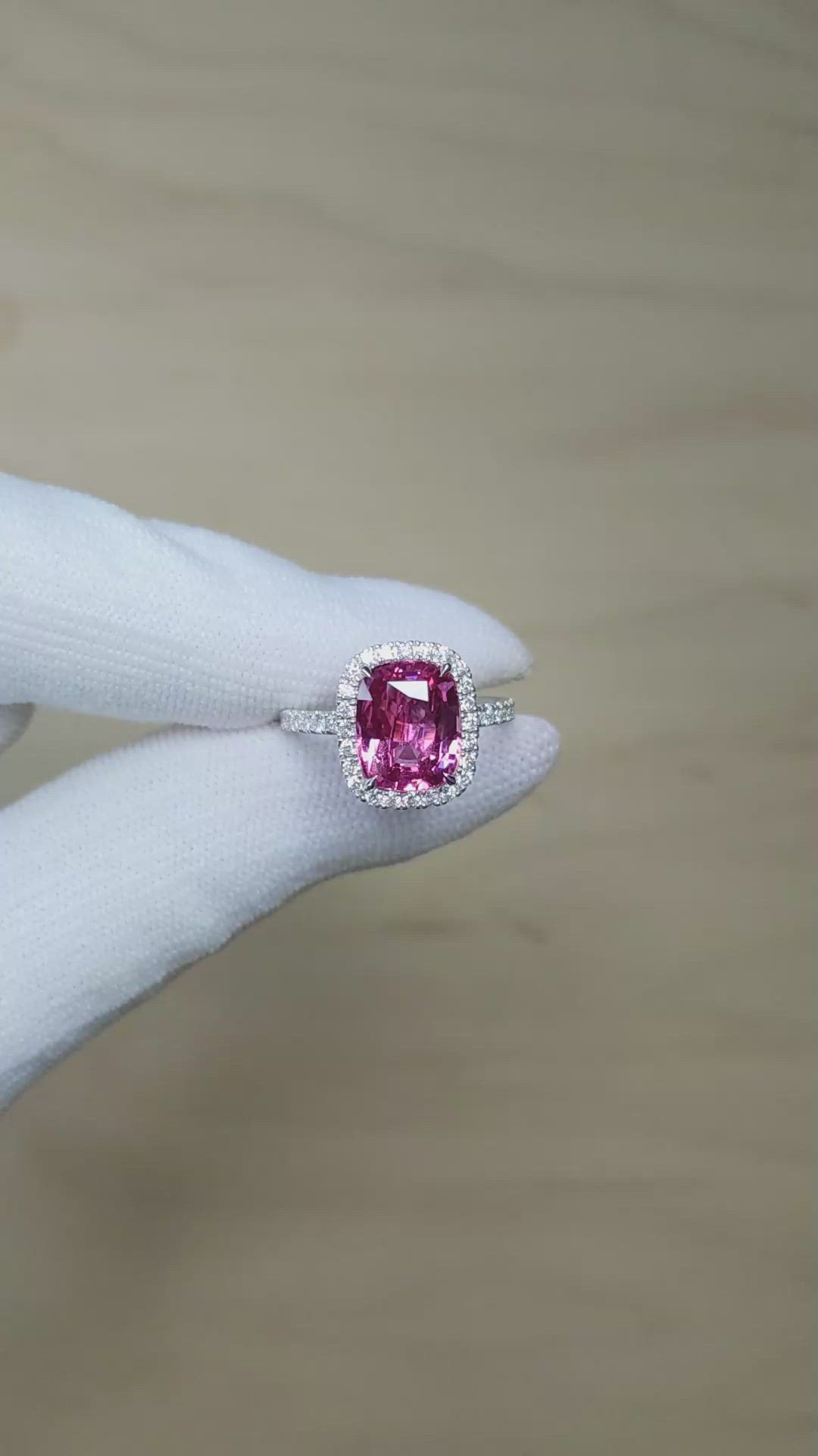 4.04 Ct. Pink Sapphire and Natural Diamond Pave Ring, 18K White Gold Size Video