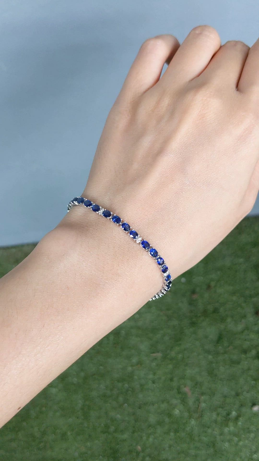 36.00 Ct.Tw.Total Carat Weight Blue Sapphire and Natural Diamond Tennis/Line Bracelet, 14K White Gold Size Video
