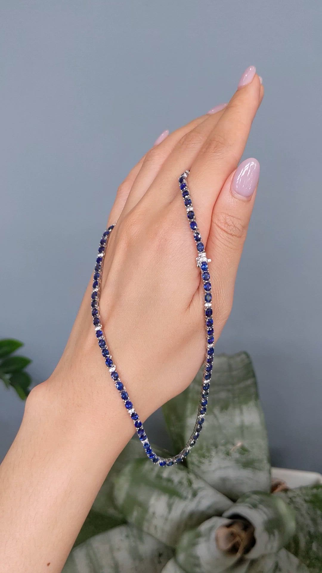 17.17 Ct. Blue Sapphire and Natural Diamond Tennis/Riviere Necklace, 14K White Gold Size Video