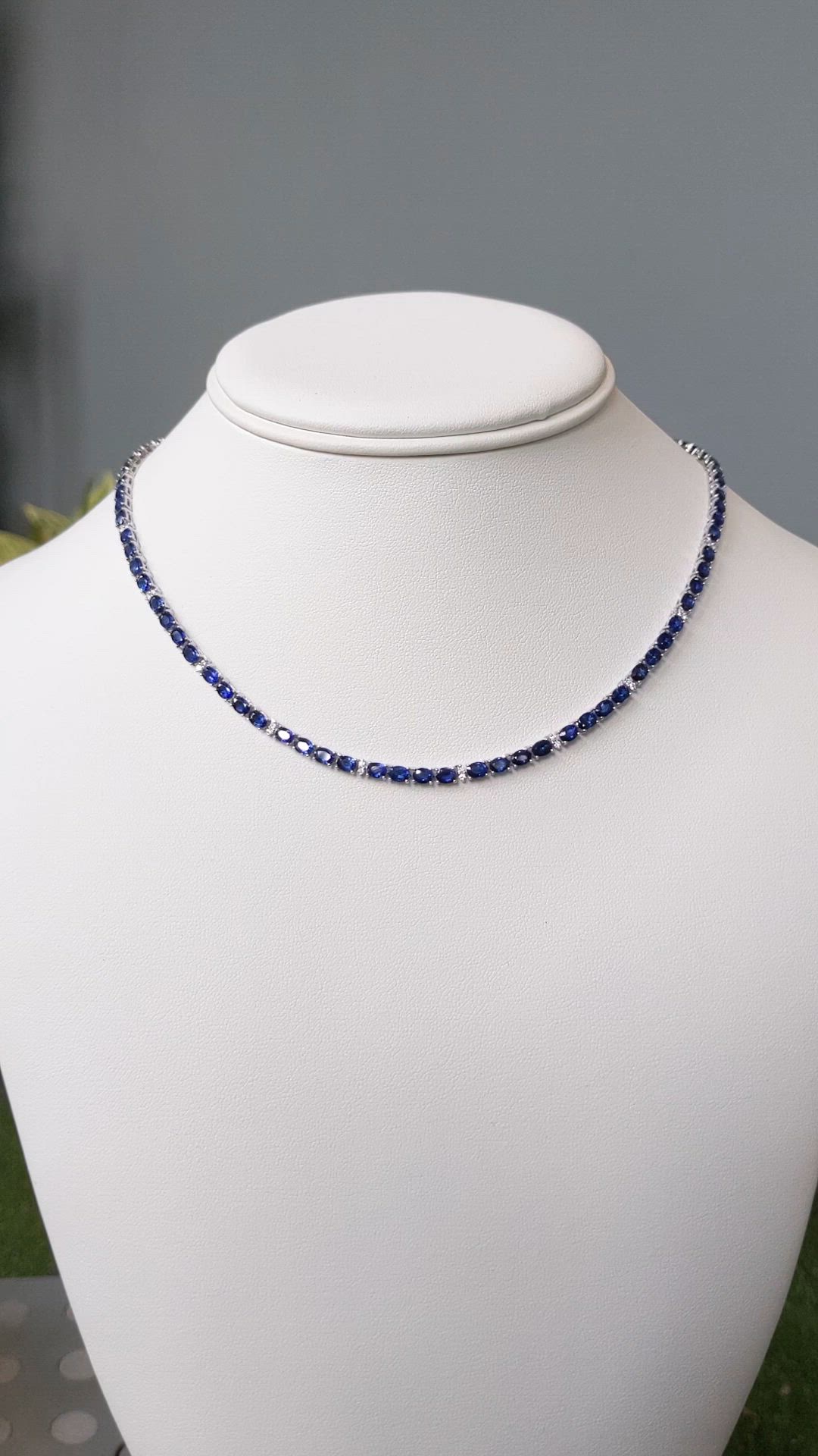 17.17 Ct. Blue Sapphire and Natural Diamond Tennis/Riviere Necklace, 14K White Gold Size Video