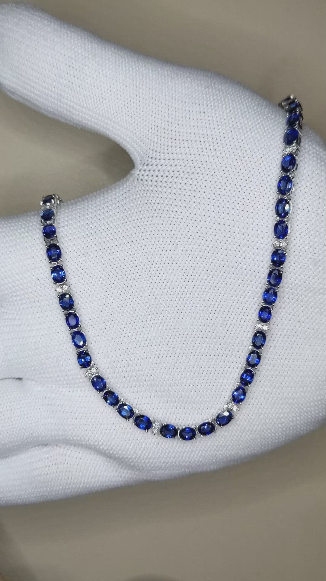 17.17 Ct. Blue Sapphire and Natural Diamond Tennis/Riviere Necklace, 14K White Gold Size Video