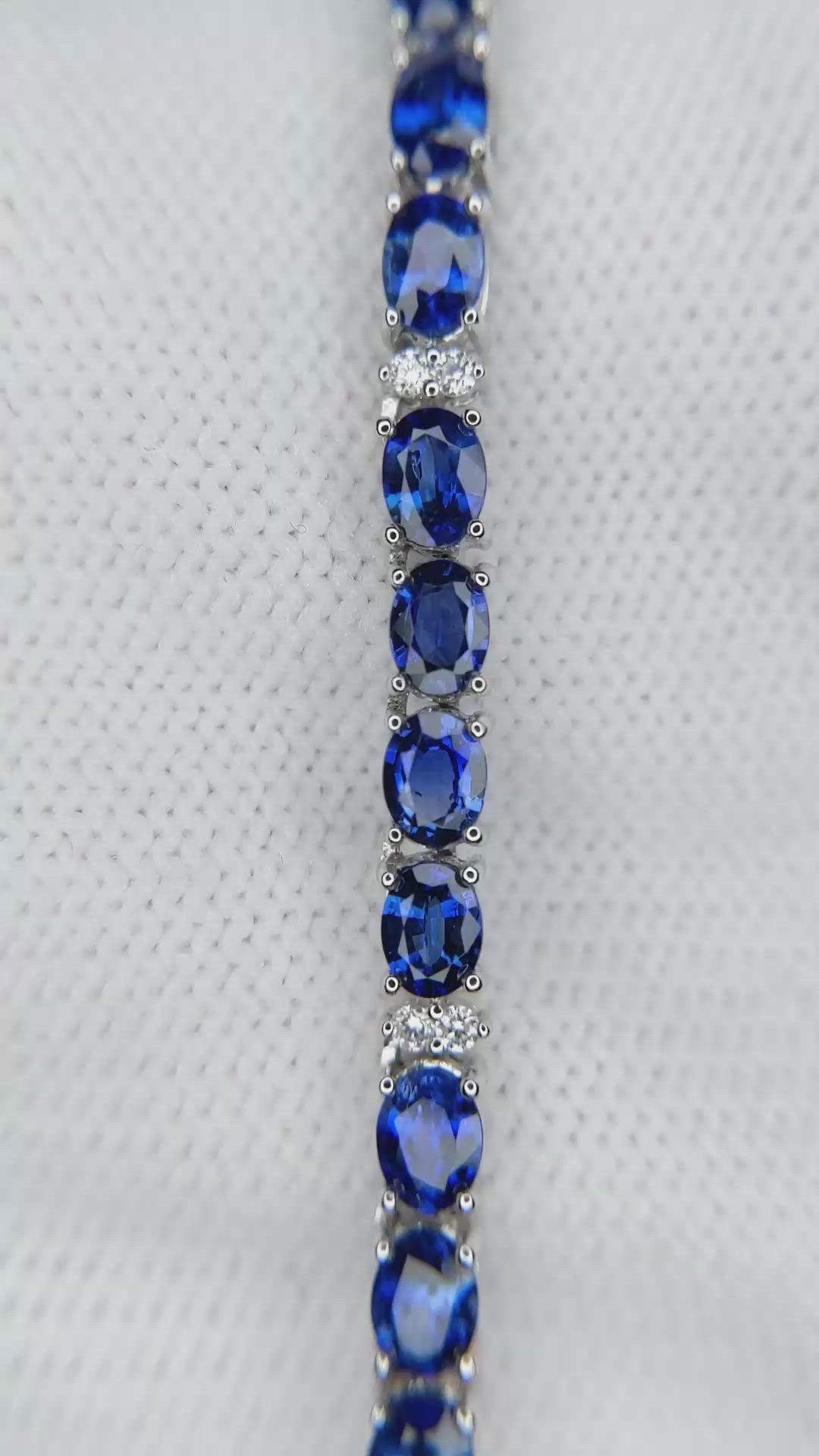 17.17 Ct. Blue Sapphire and Natural Diamond Tennis/Riviere Necklace, 14K White Gold Size Video