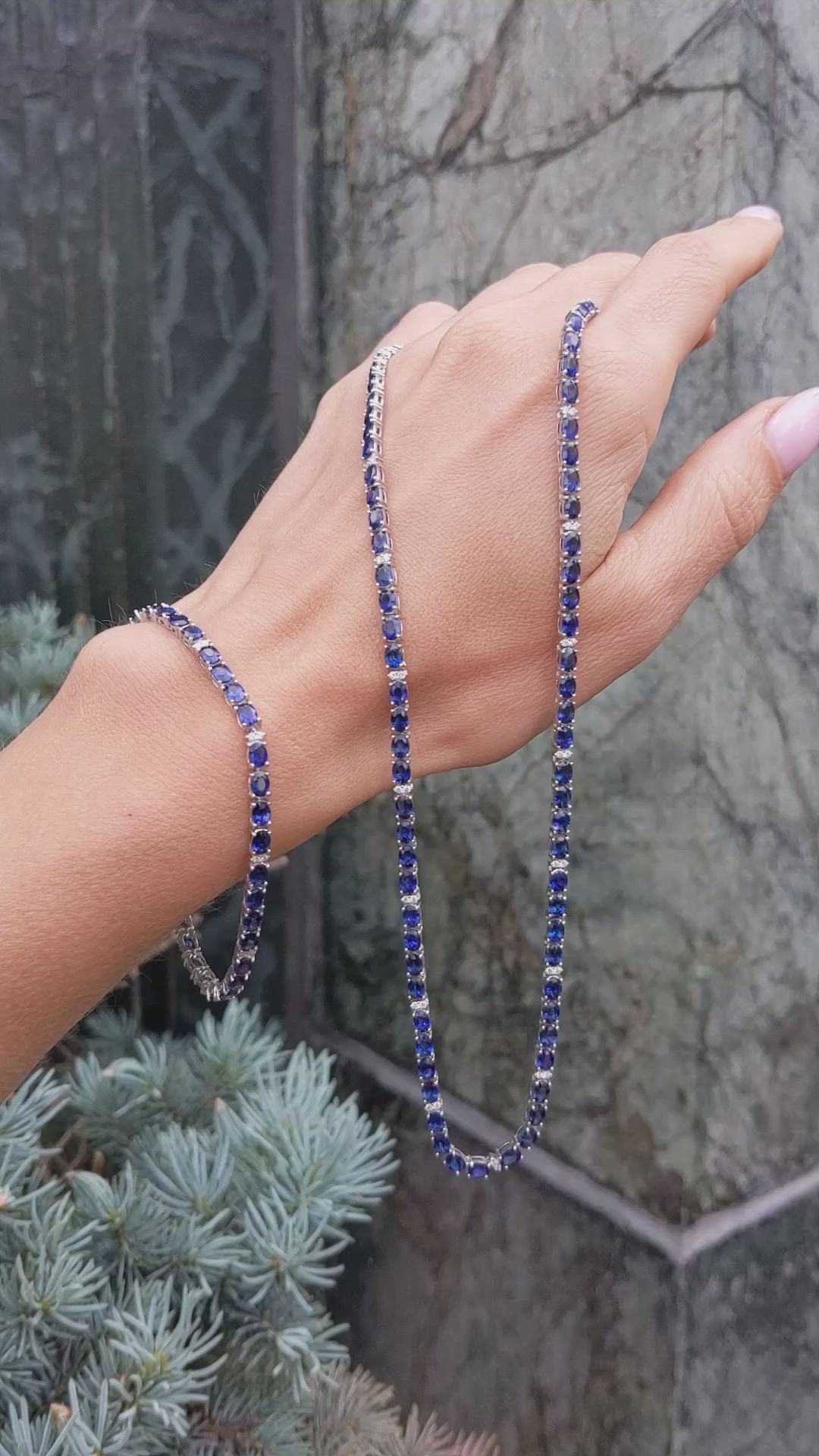 17.17 Ct. Blue Sapphire and Natural Diamond Tennis/Riviere Necklace, 14K White Gold Size Video