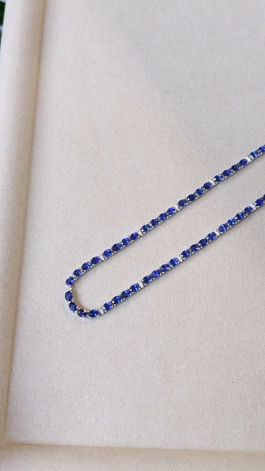 17.17 Ct. Blue Sapphire and Natural Diamond Tennis/Riviere Necklace, 14K White Gold Size Video