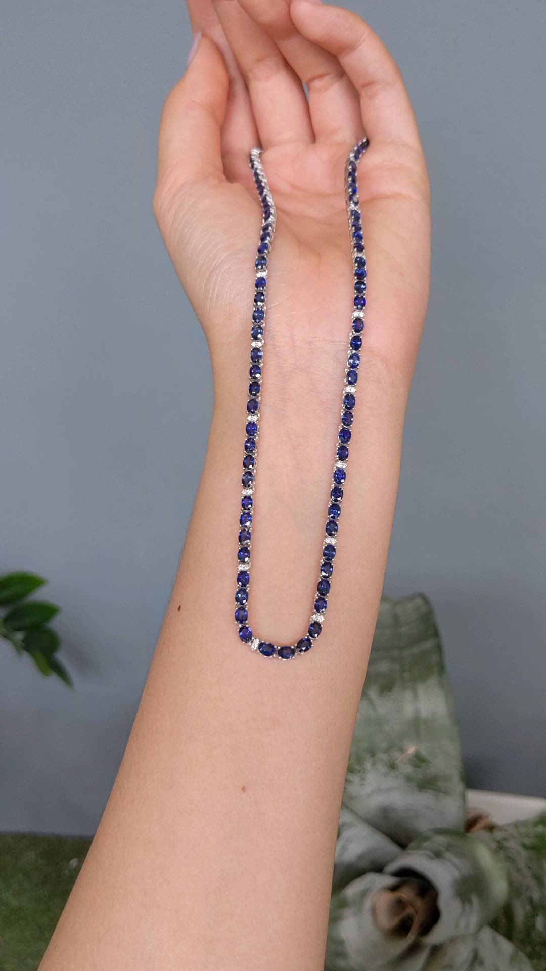 17.17 Ct. Blue Sapphire and Natural Diamond Tennis/Riviere Necklace, 14K White Gold Size Video