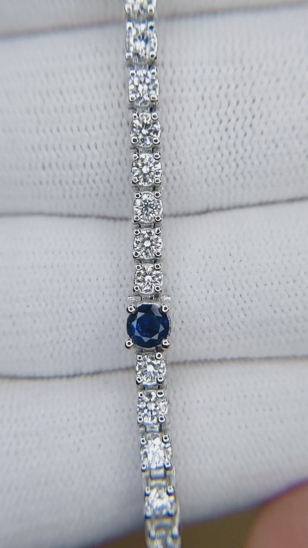 1.30&nbsp;Ct.Tw.Total Carat Weight Blue Sapphire and Natural Diamond Halo Bracelet, 14K White Gold Size Video