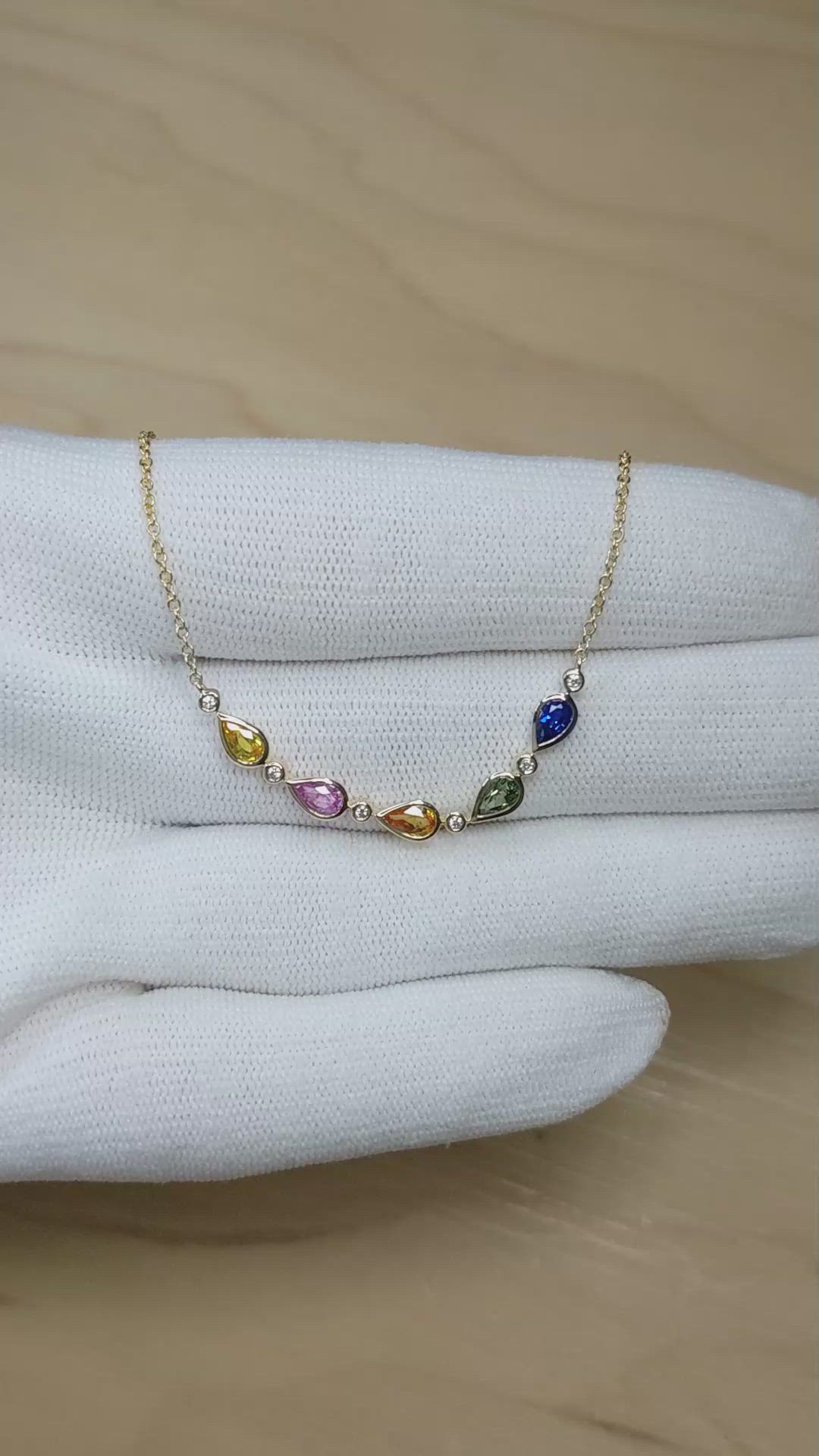 1.64 Ct. Multi Color Sapphire and Natural Diamond Bezel Necklace, 14K Yellow Gold Size Video