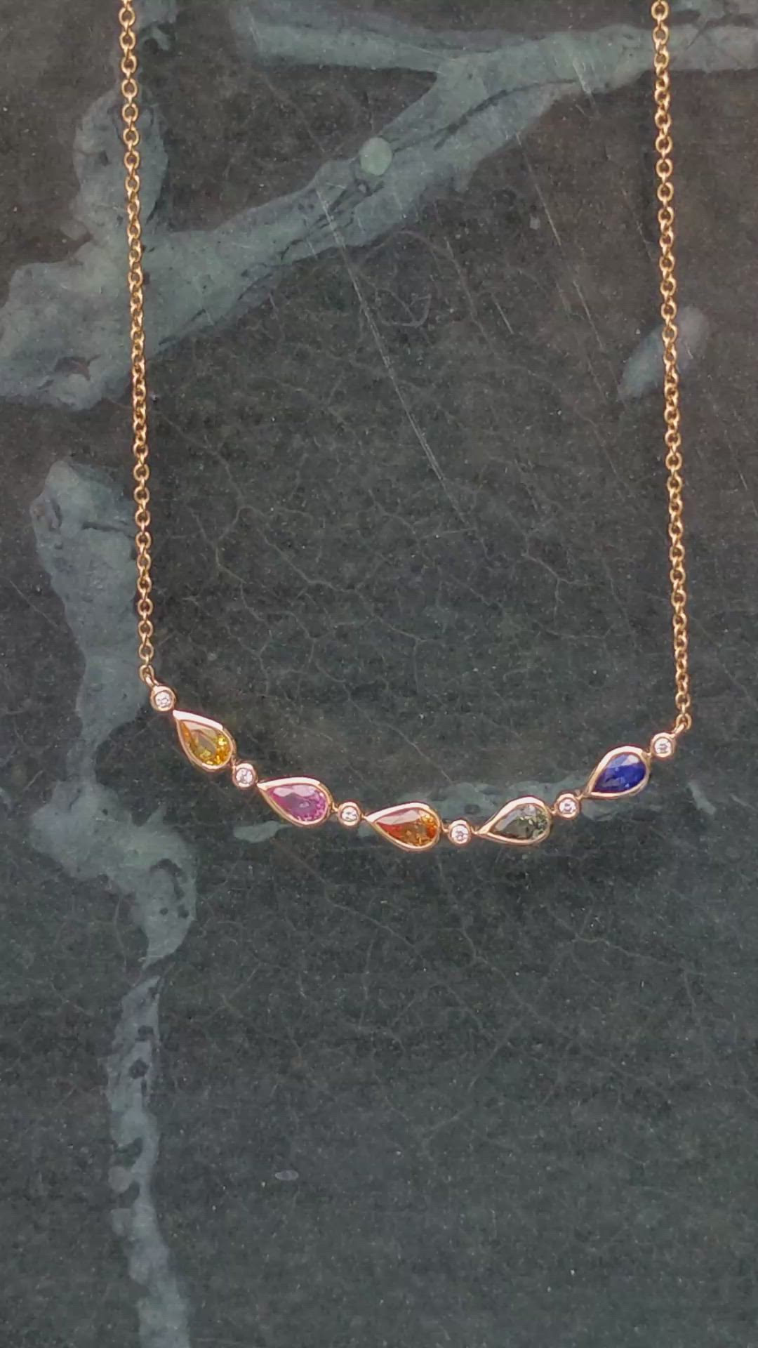 1.64 Ct. Multi Color Sapphire and Natural Diamond Bezel Necklace, 14K Yellow Gold Size Video