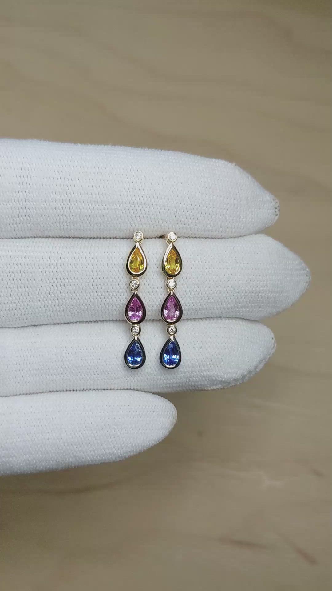 1.45 Ct.Tw.Total Carat Weight Multi Color Sapphire and Natural Diamond Bezel Earrings, 14K Yellow Gold Size Video