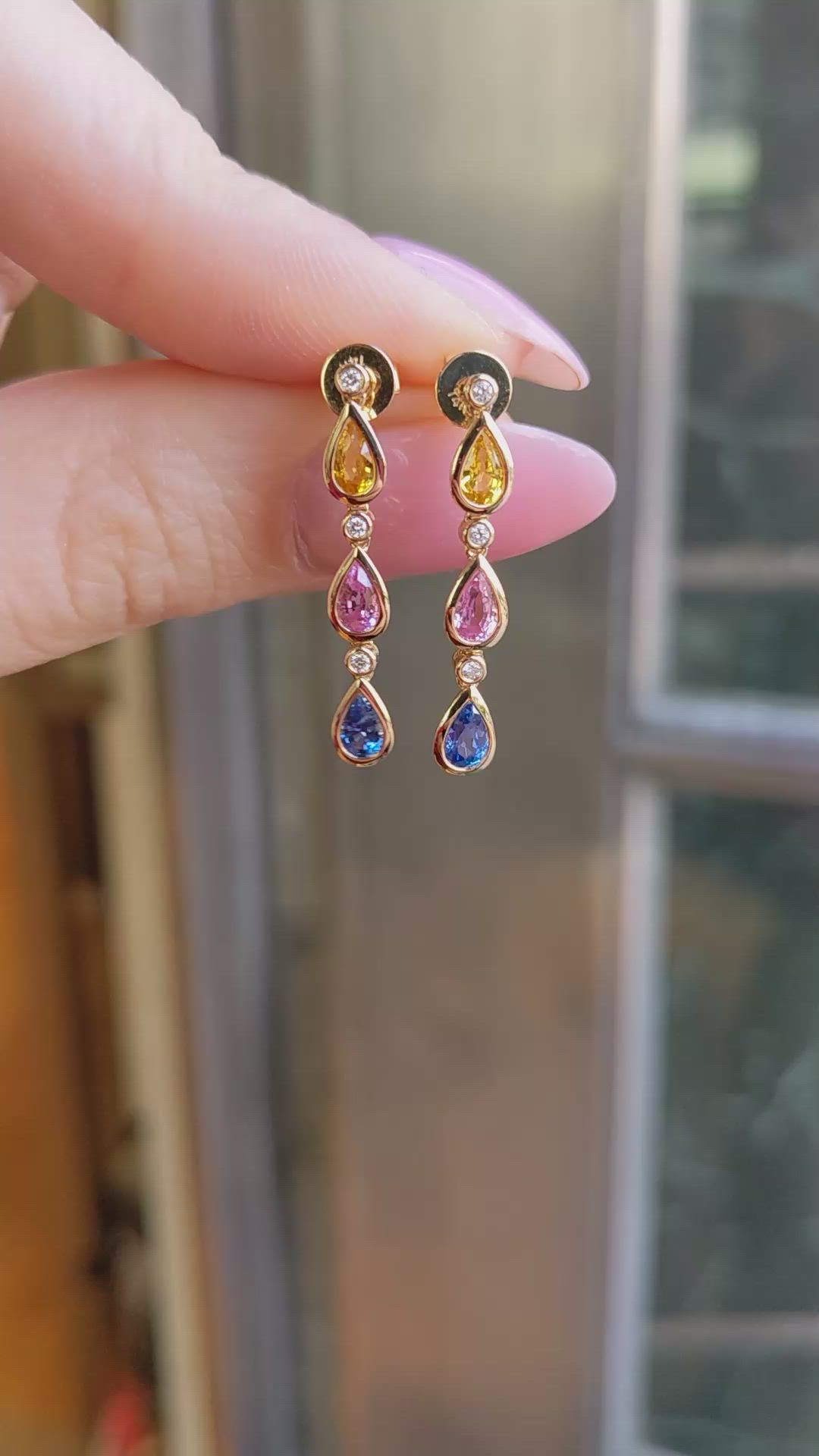 1.45 Ct.Tw.Total Carat Weight Multi Color Sapphire and Natural Diamond Bezel Earrings, 14K Yellow Gold Size Video
