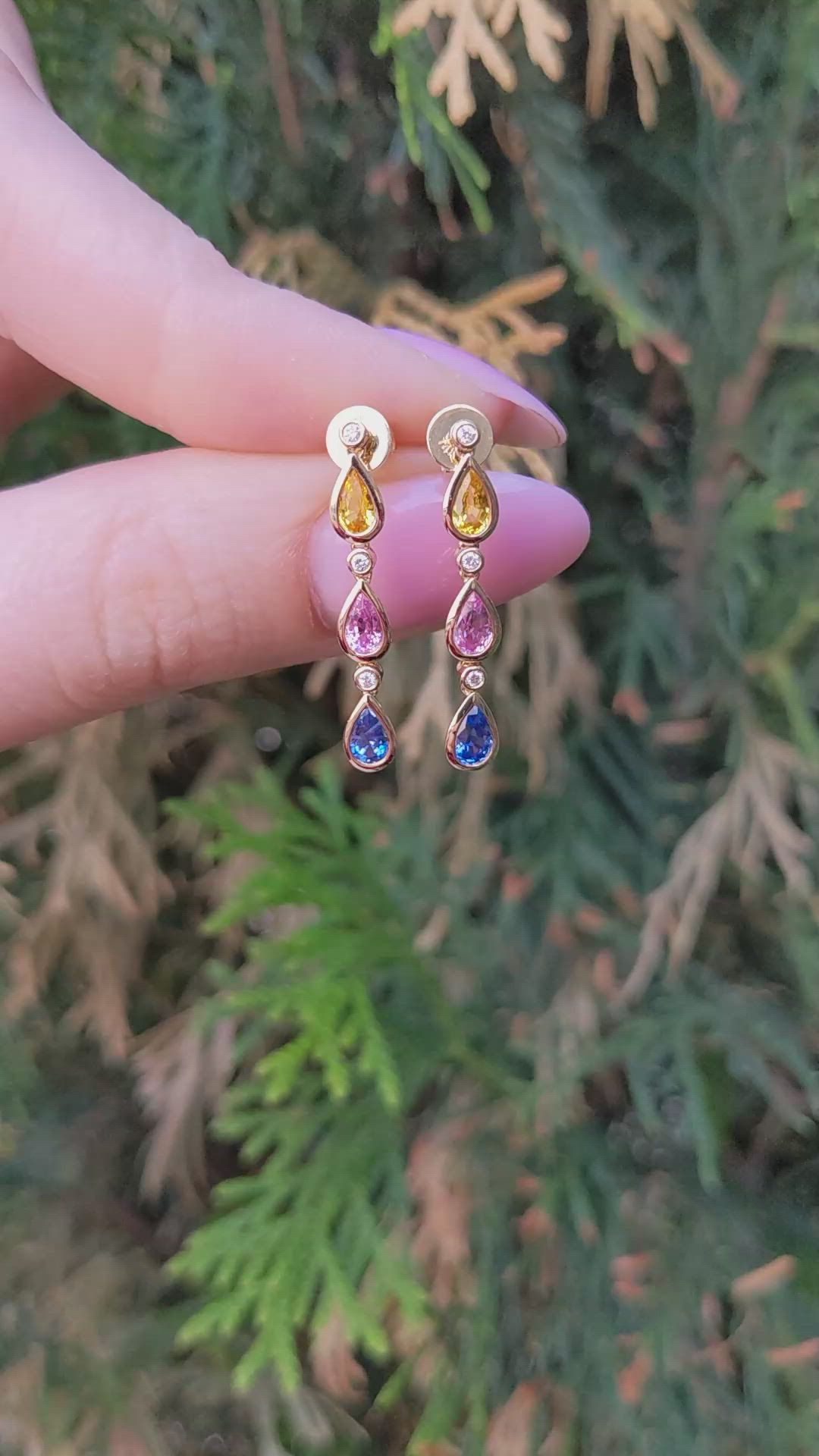 1.45 Ct.Tw.Total Carat Weight Multi Color Sapphire and Natural Diamond Bezel Earrings, 14K Yellow Gold Size Video