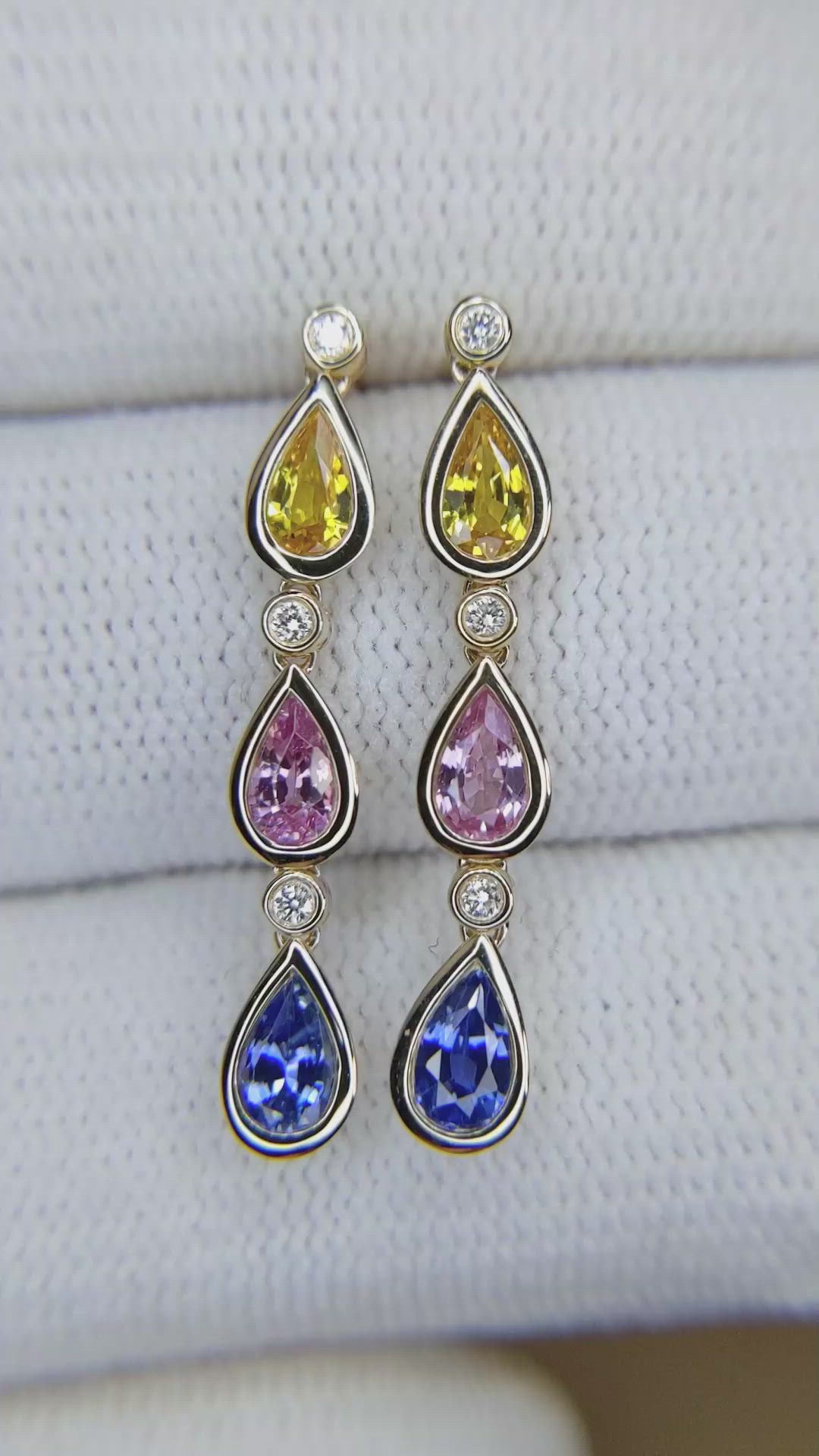 1.45 Ct.Tw.Total Carat Weight Multi Color Sapphire and Natural Diamond Bezel Earrings, 14K Yellow Gold Size Video