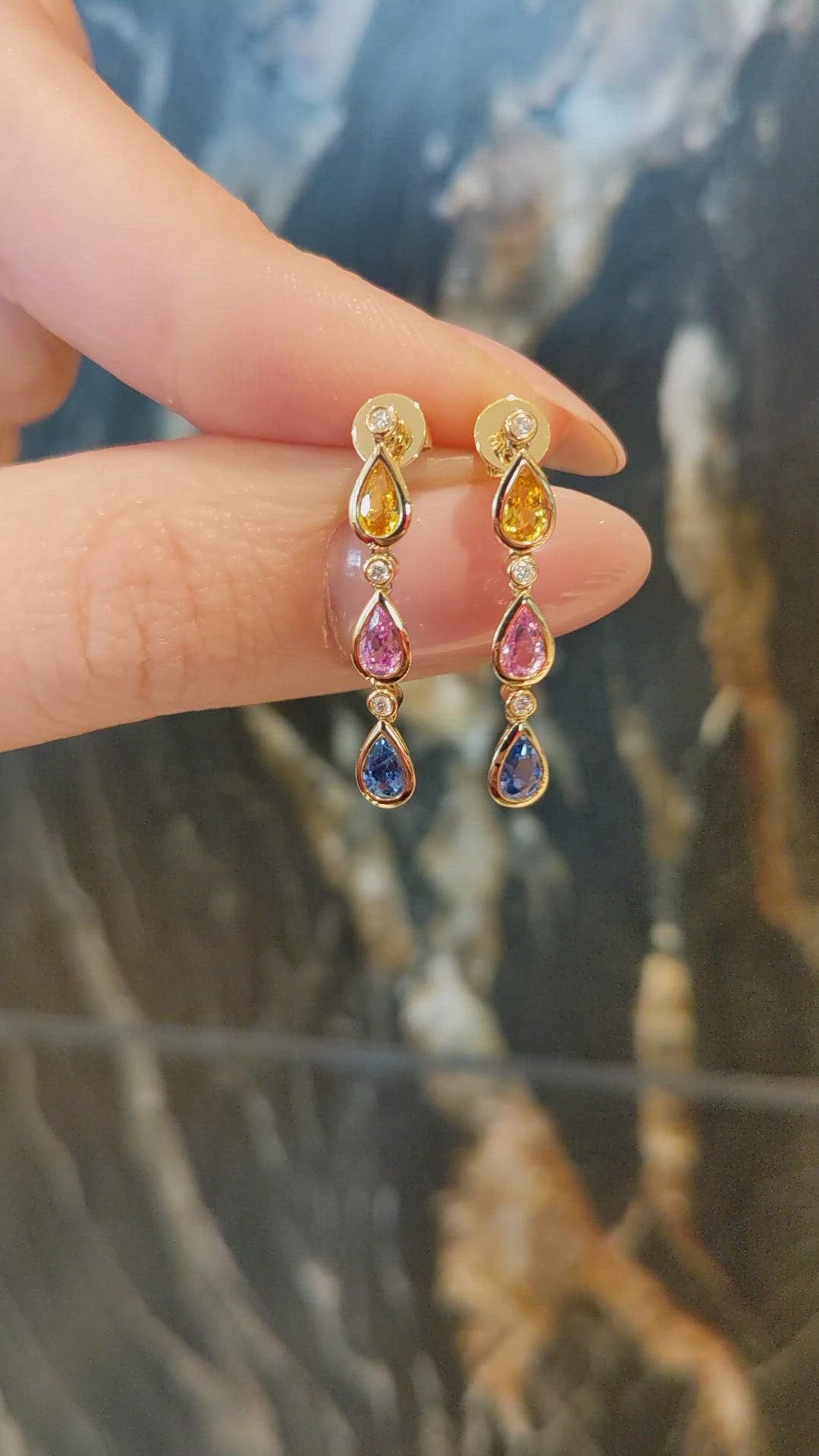 1.45 Ct.Tw.Total Carat Weight Multi Color Sapphire and Natural Diamond Bezel Earrings, 14K Yellow Gold Size Video