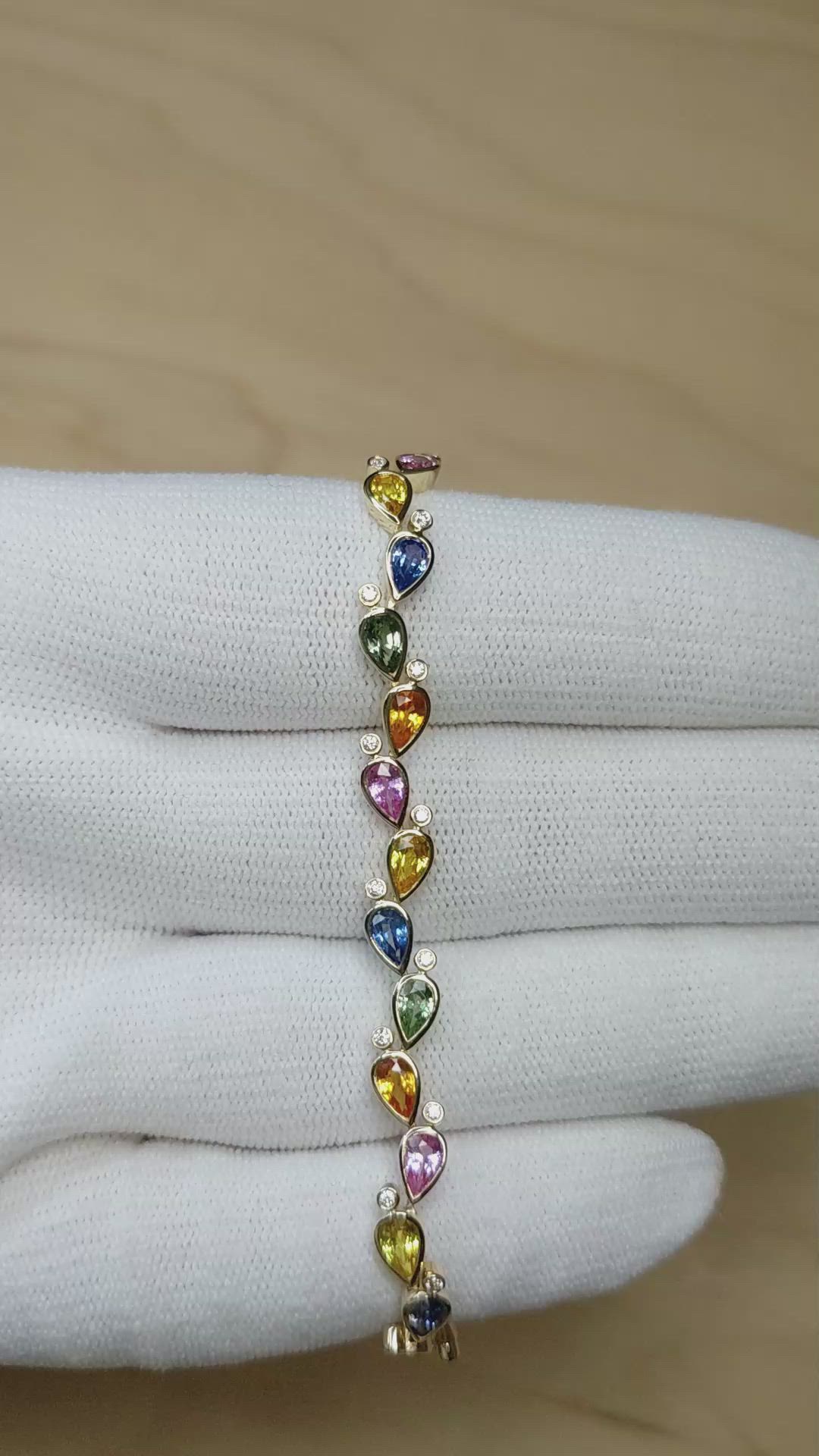 7.59&nbsp;Ct.Tw.Total Carat Weight Multi Color Sapphire and Natural Diamond Bezel Bracelet, 14K Yellow Gold Size Video