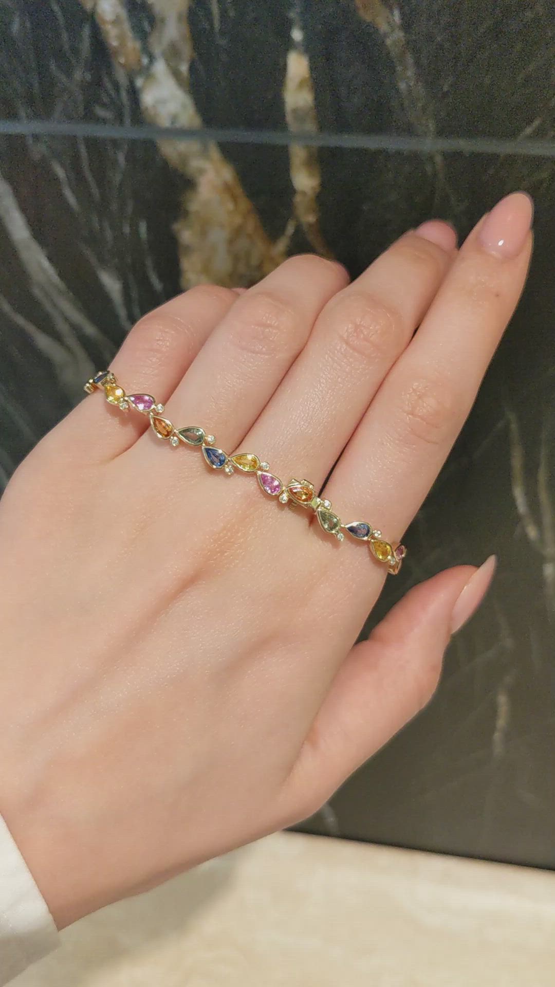 7.59&nbsp;Ct.Tw.Total Carat Weight Multi Color Sapphire and Natural Diamond Bezel Bracelet, 14K Yellow Gold Size Video