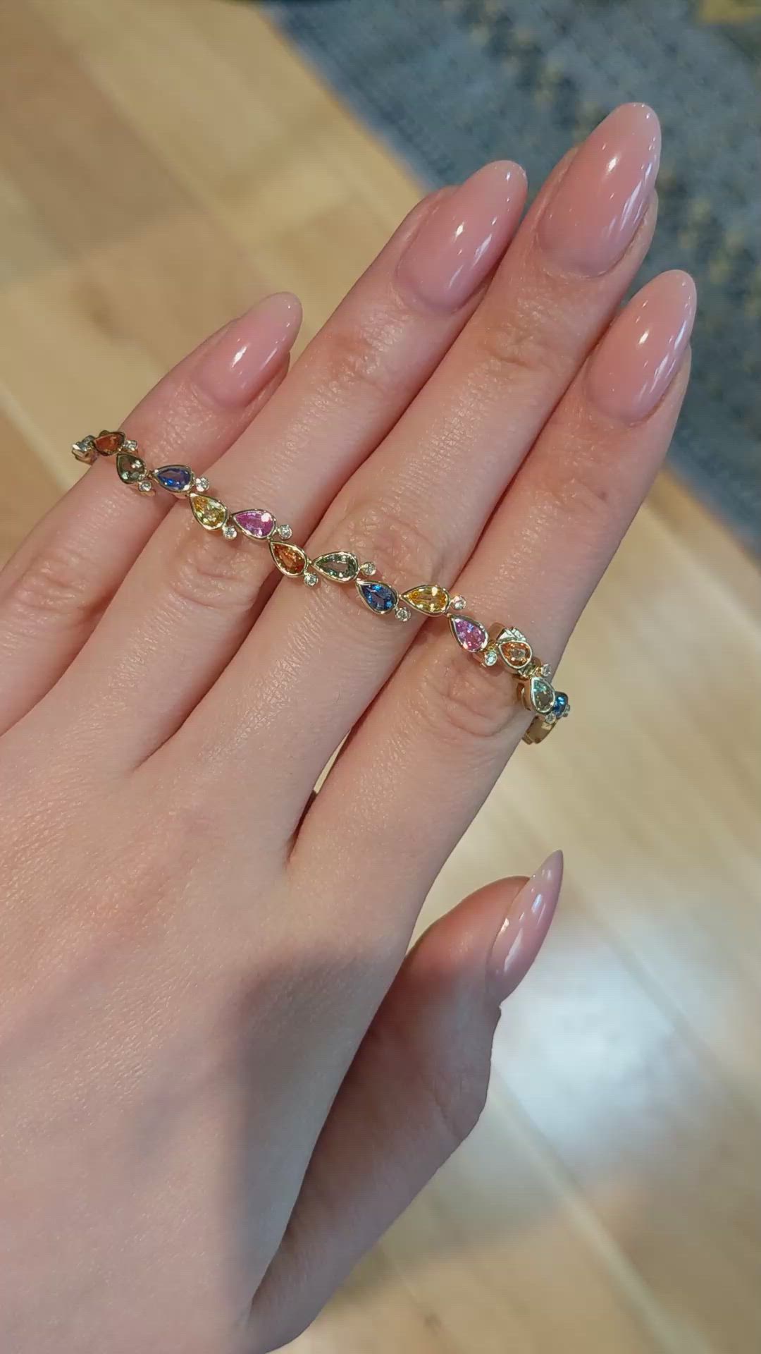 7.59&nbsp;Ct.Tw.Total Carat Weight Multi Color Sapphire and Natural Diamond Bezel Bracelet, 14K Yellow Gold Size Video