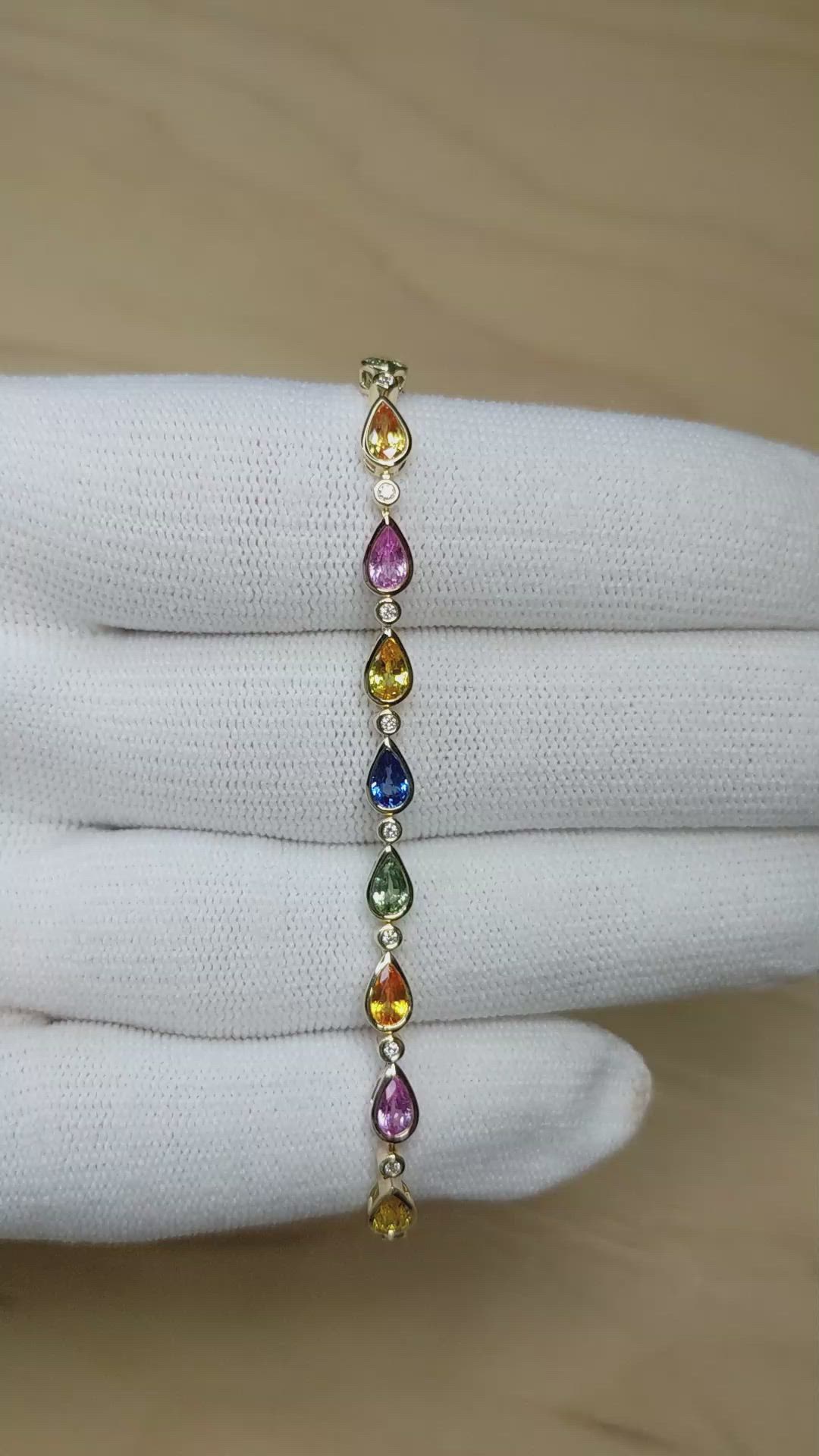 5.53 Ct.Tw.Total Carat Weight Multi Color Sapphire and Natural Diamond Bezel Bracelet, 14K Yellow Gold Size Video