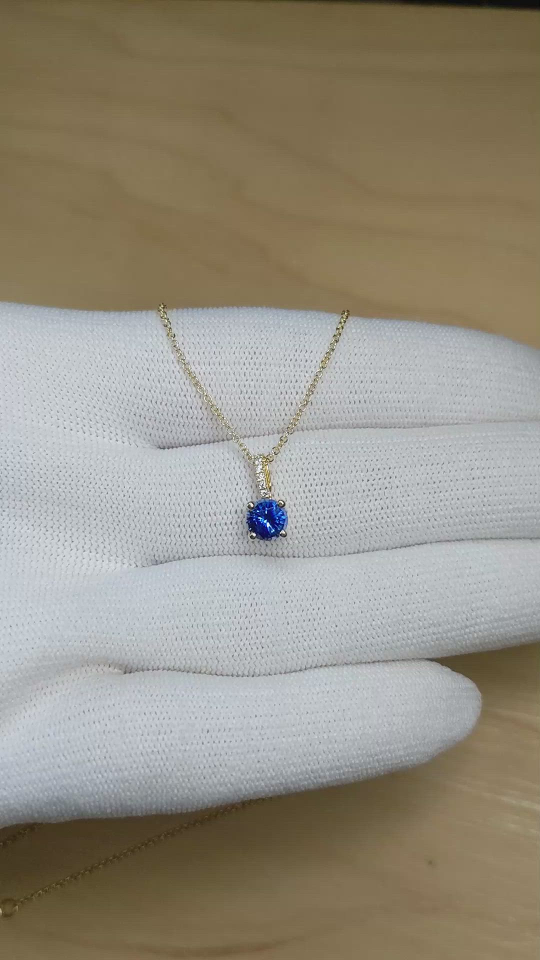 0.80 Ct. Blue Sapphire and Natural Diamond Pave Pendant, 14K Yellow Gold Size Video