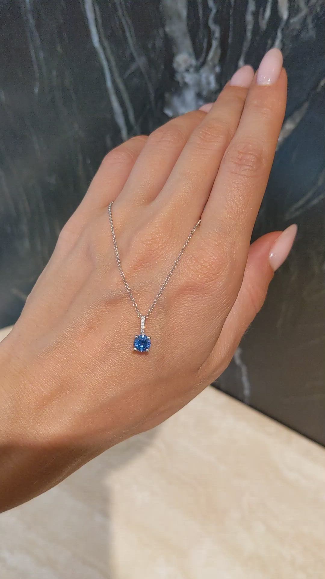 0.80 Ct. Blue Sapphire and Natural Diamond Pave Pendant, 14K White Gold Size Video