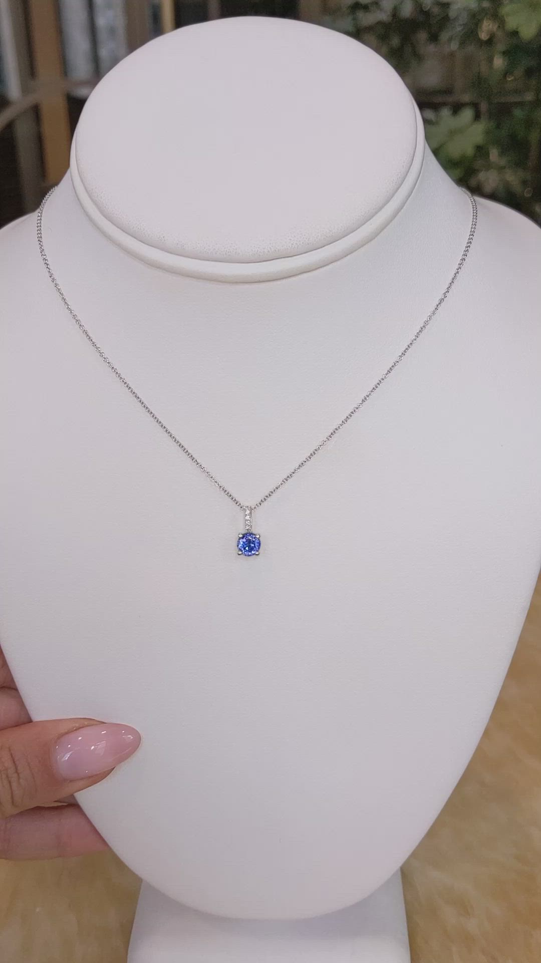 0.80 Ct. Blue Sapphire and Natural Diamond Pave Pendant, 14K White Gold Size Video