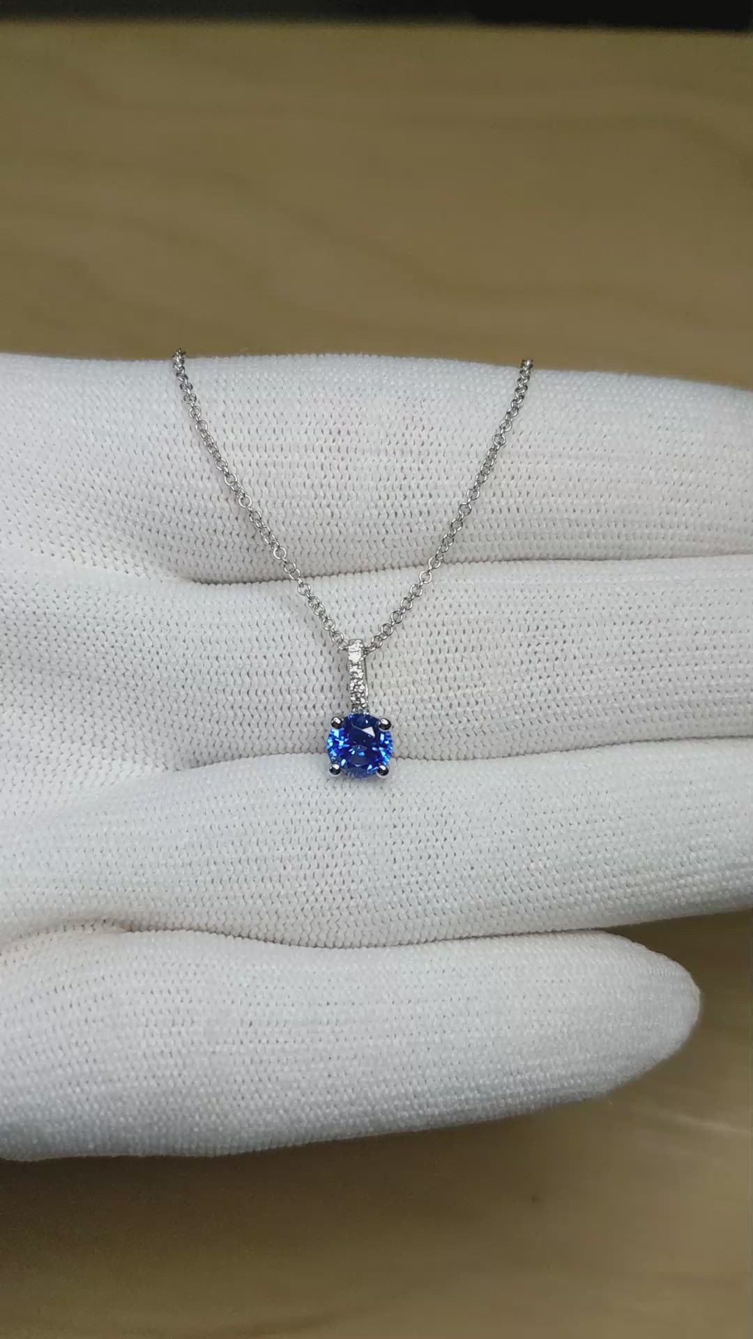 0.80 Ct. Blue Sapphire and Natural Diamond Pave Pendant, 14K White Gold Size Video