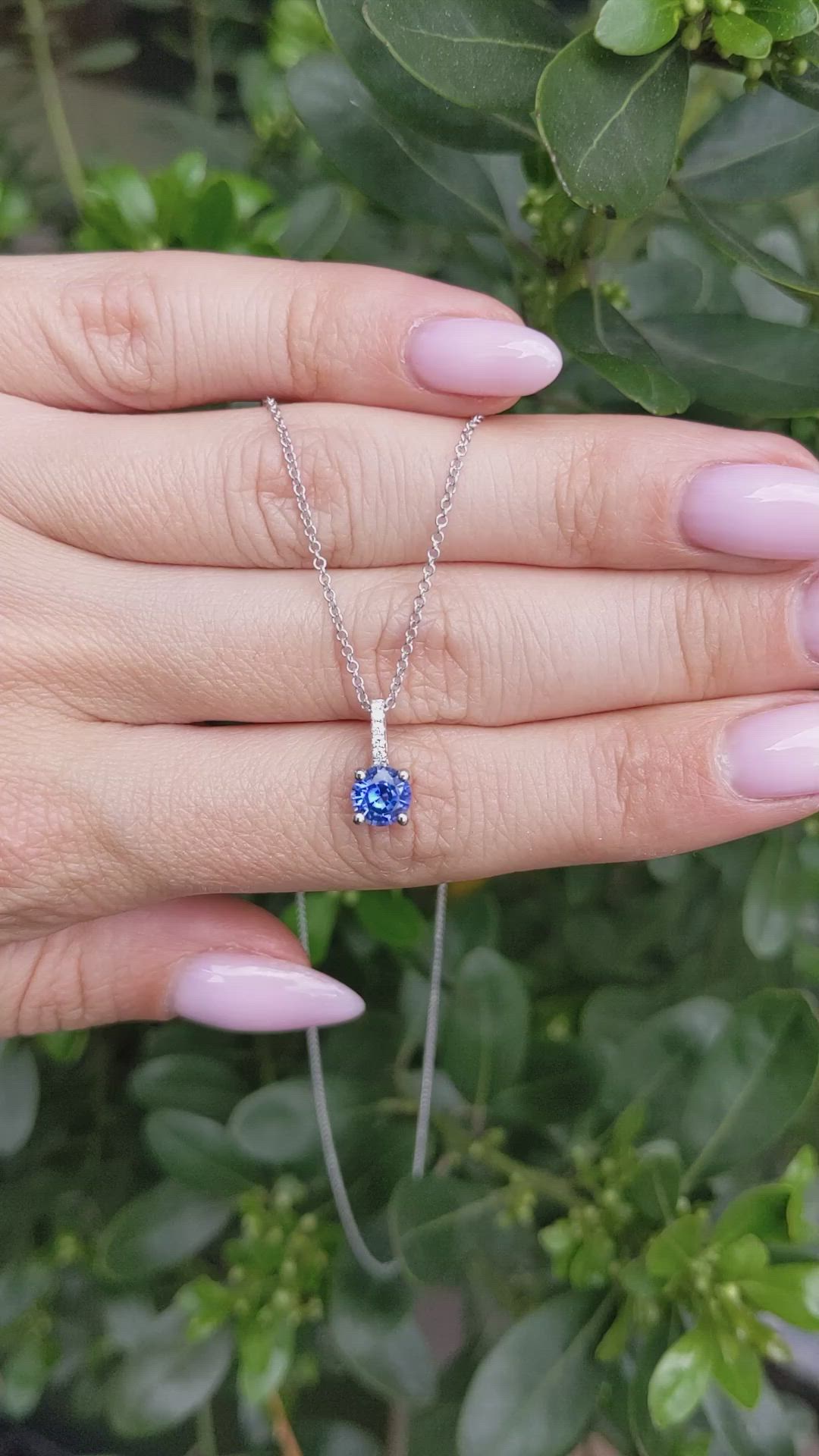 0.80 Ct. Blue Sapphire and Natural Diamond Pave Pendant, 14K White Gold Size Video