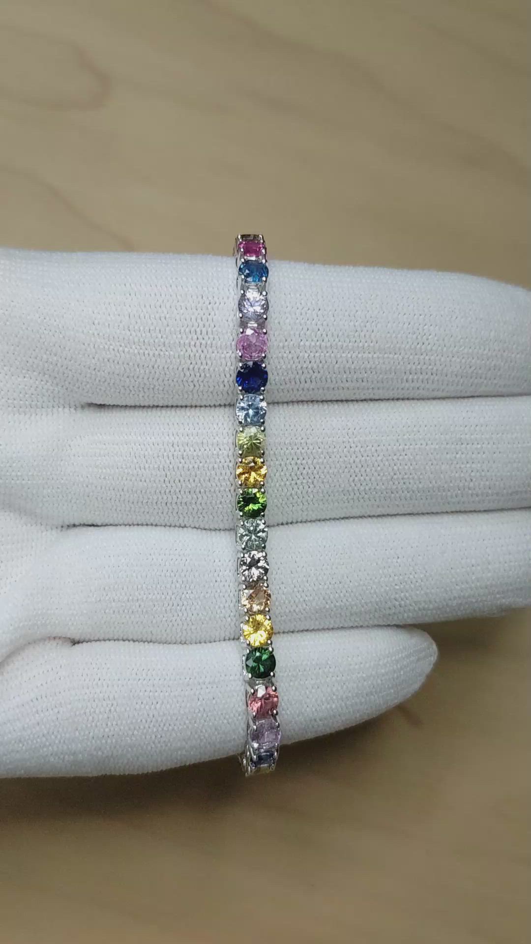 12.34 Ct.Tw.Total Carat Weight Multi Color Sapphire Tennis/Line Bracelet, 14K White Gold Size Video