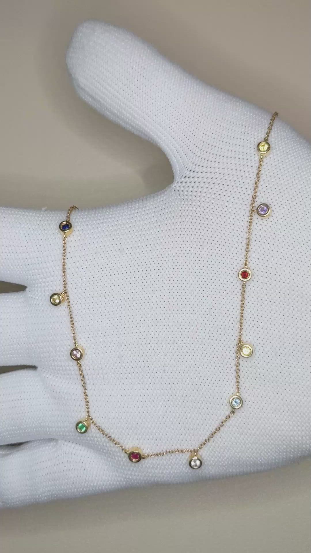 0.33 Ct. Multi Color Sapphire Bezel Necklace, 14K Yellow Gold Size Video
