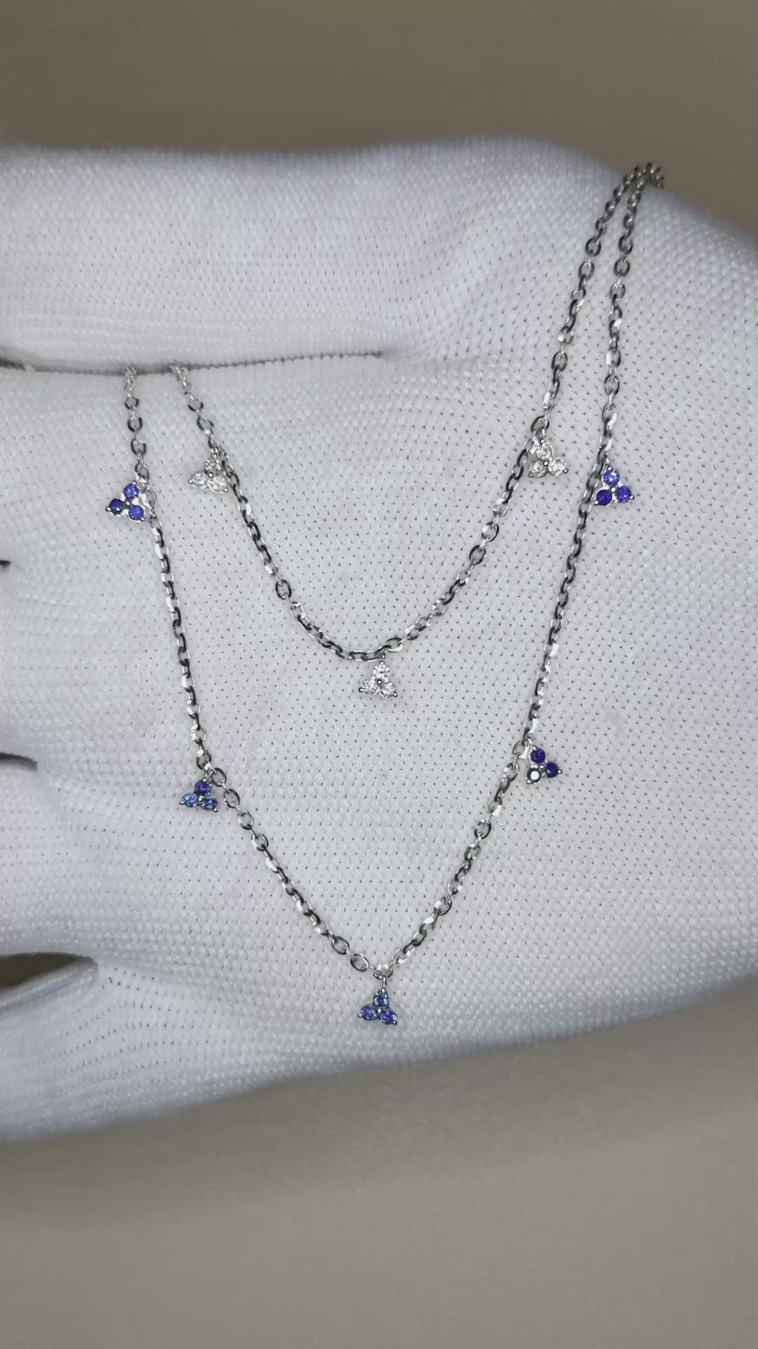 0.23 Ct. Blue Sapphire and Natural Diamond Multi Stone Necklace, 14K White Gold Size Video