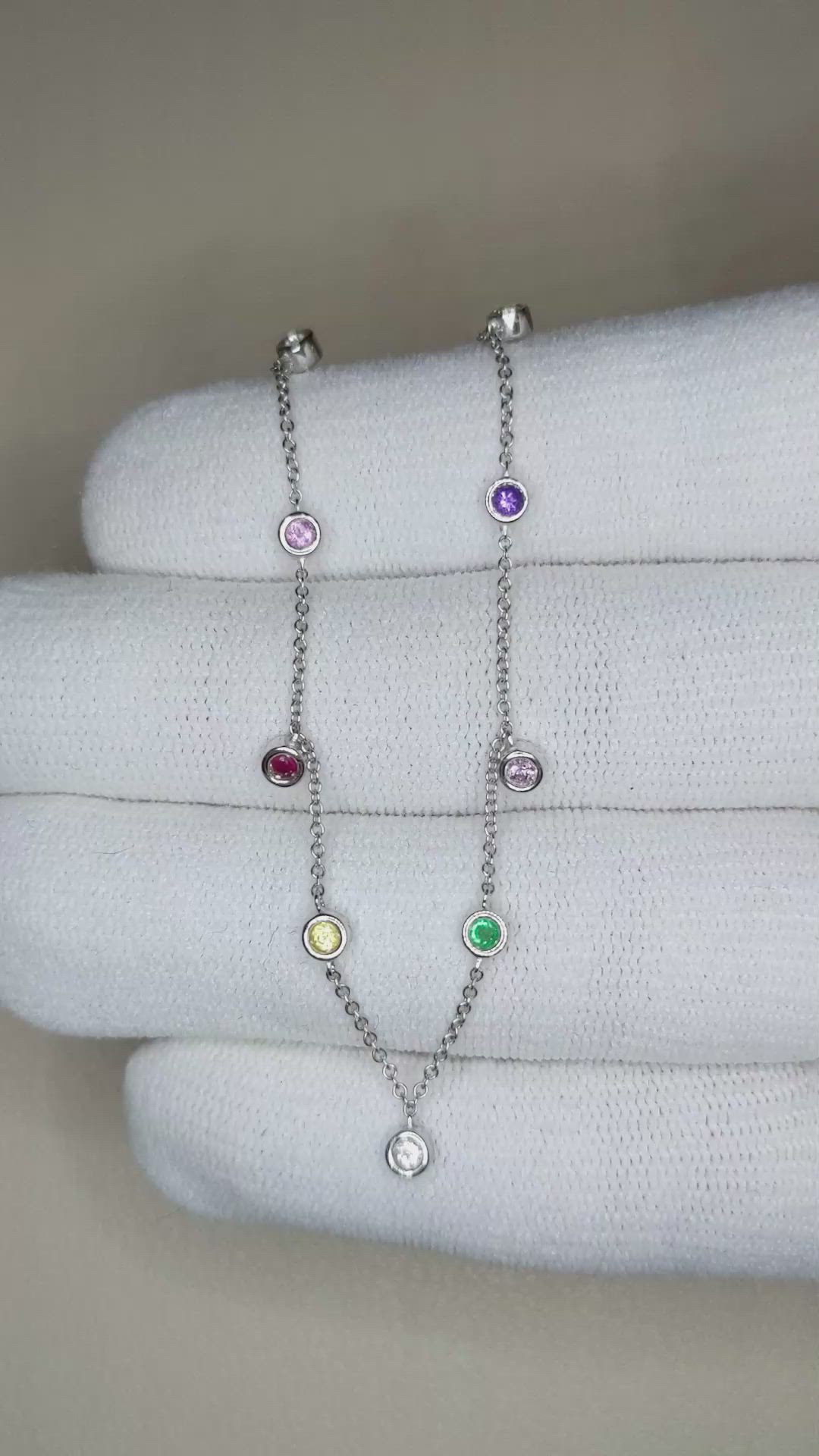 0.47 Ct. Multi Color Sapphire Bezel Necklace, 14K White Gold Size Video
