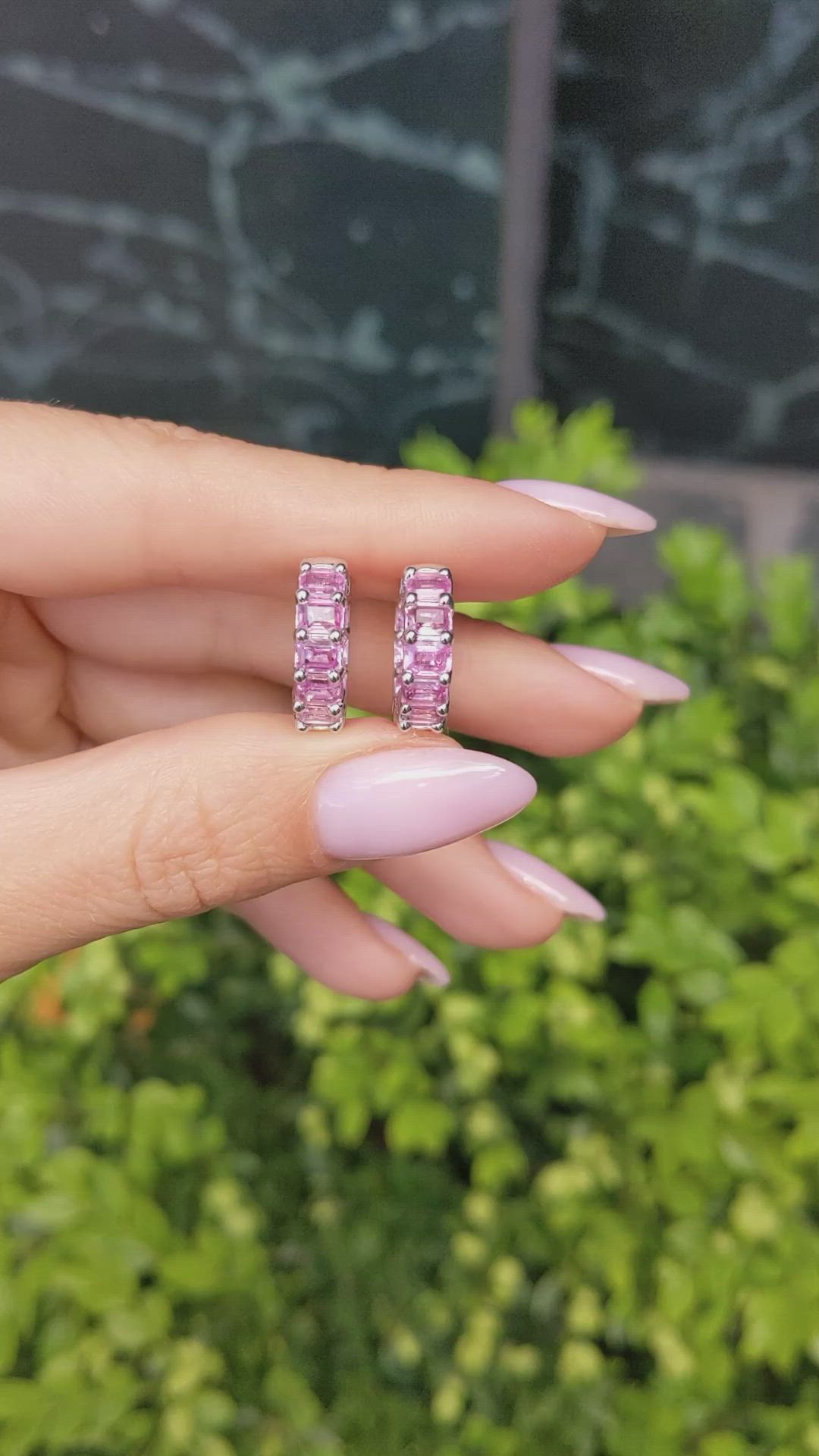 5.40 Ct.Tw.Total Carat Weight Pink Sapphire Hoops Earrings, 14K White Gold Size Video