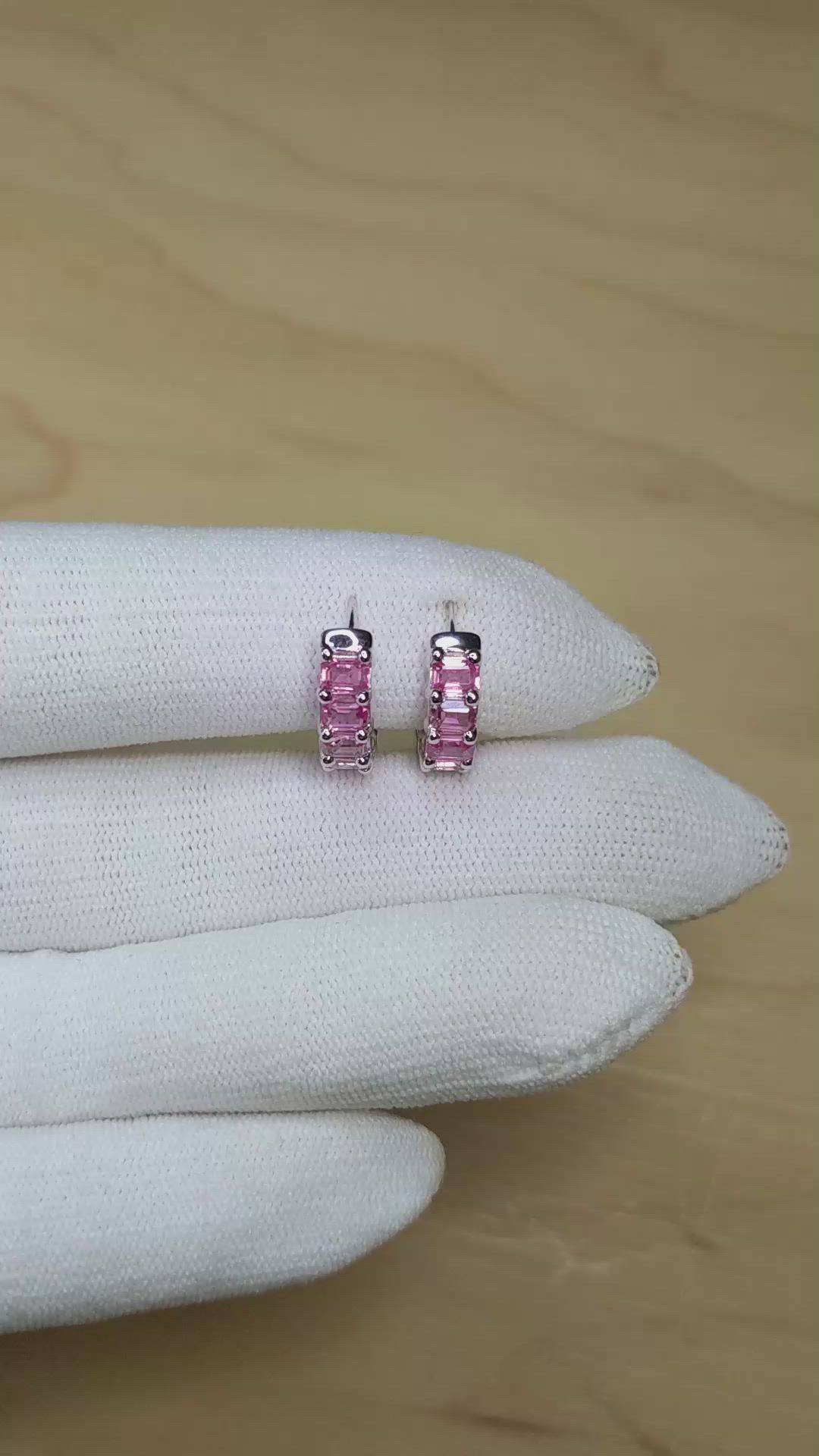 5.40 Ct.Tw.Total Carat Weight Pink Sapphire Hoops Earrings, 14K White Gold Size Video