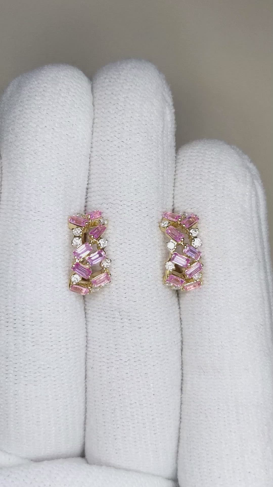 1.36 Ct.Tw.Total Carat Weight Pink Sapphire and Natural Diamond Hoops Earrings, 14K Yellow Gold Size Video