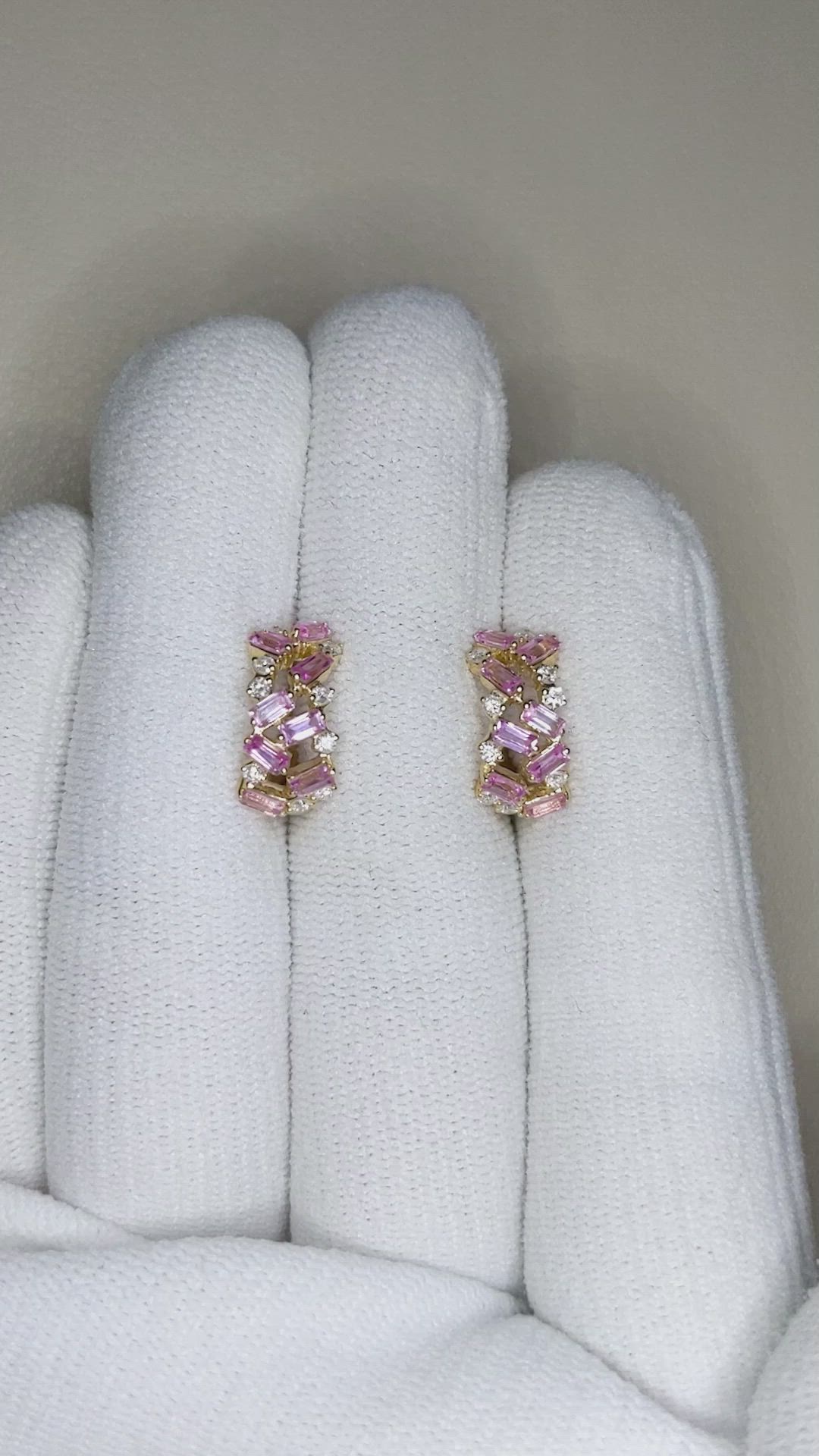 1.36 Ct.Tw.Total Carat Weight Pink Sapphire and Natural Diamond Hoops Earrings, 14K Yellow Gold Size Video
