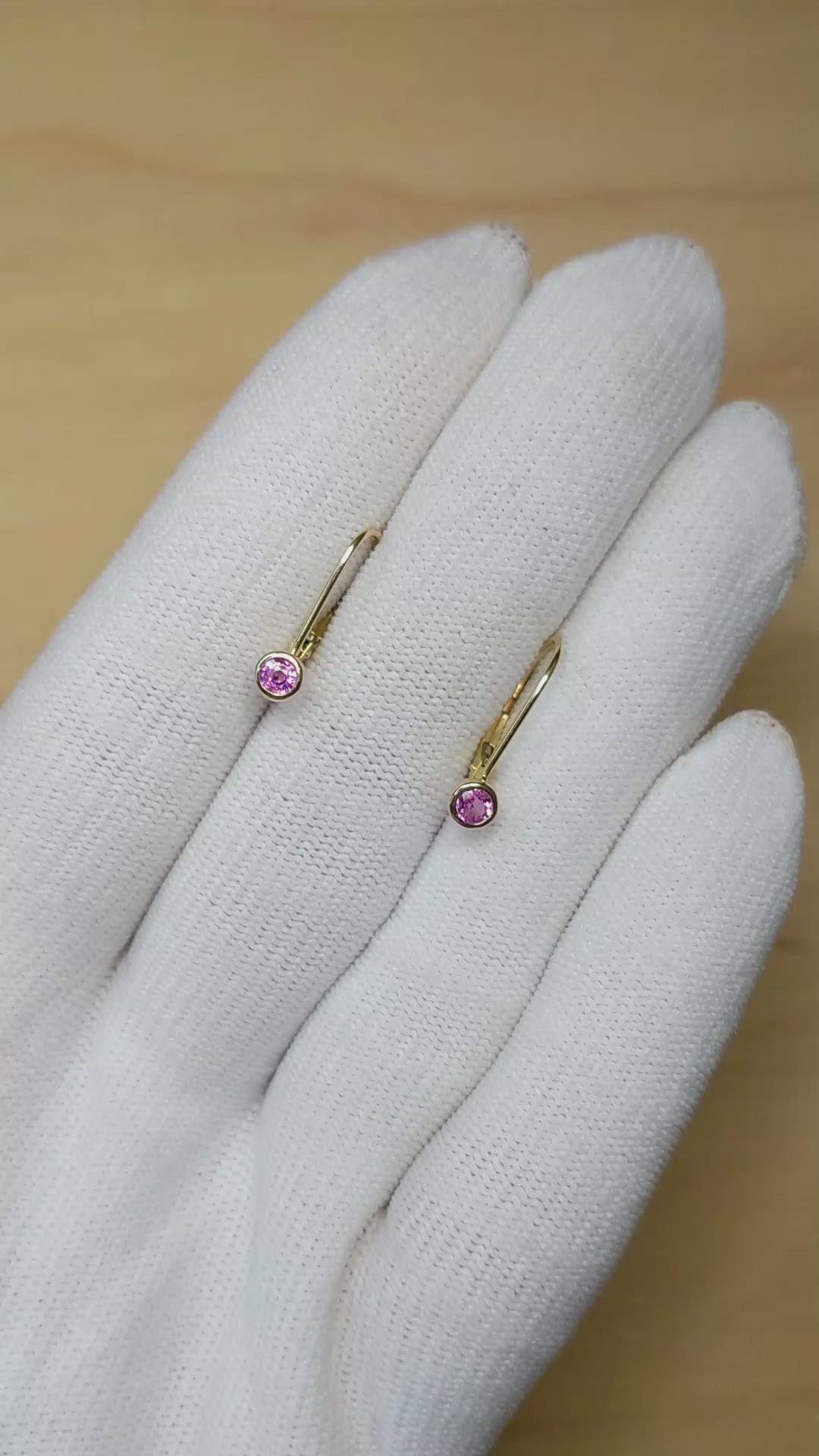 0.34 Ct.Tw.Total Carat Weight Pink Sapphire Bezel Earrings, 14K Yellow Gold Size Video