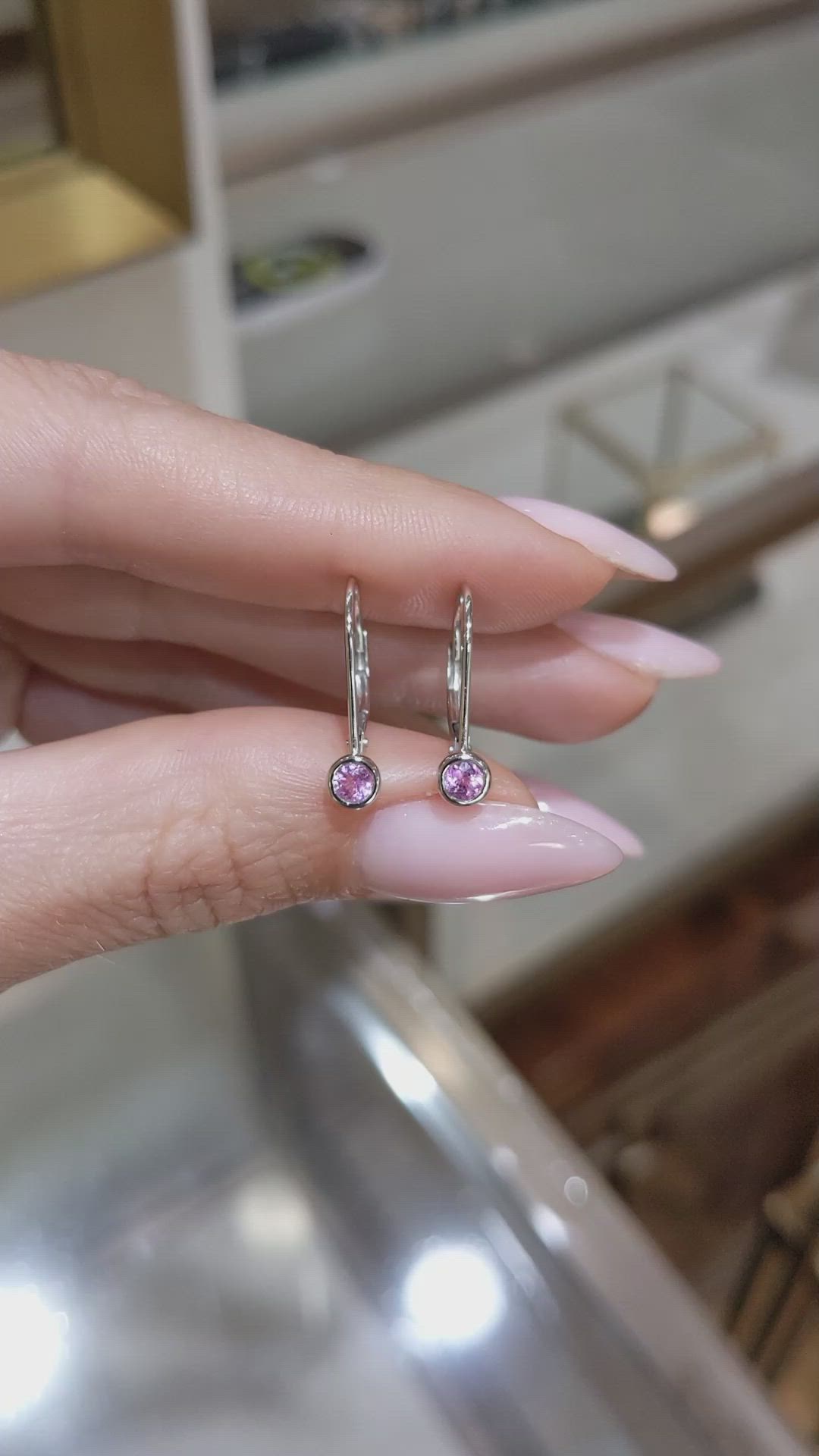 0.32&nbsp;Ct.Tw.Total Carat Weight Pink Sapphire Bezel Earrings, 14K White Gold Size Video